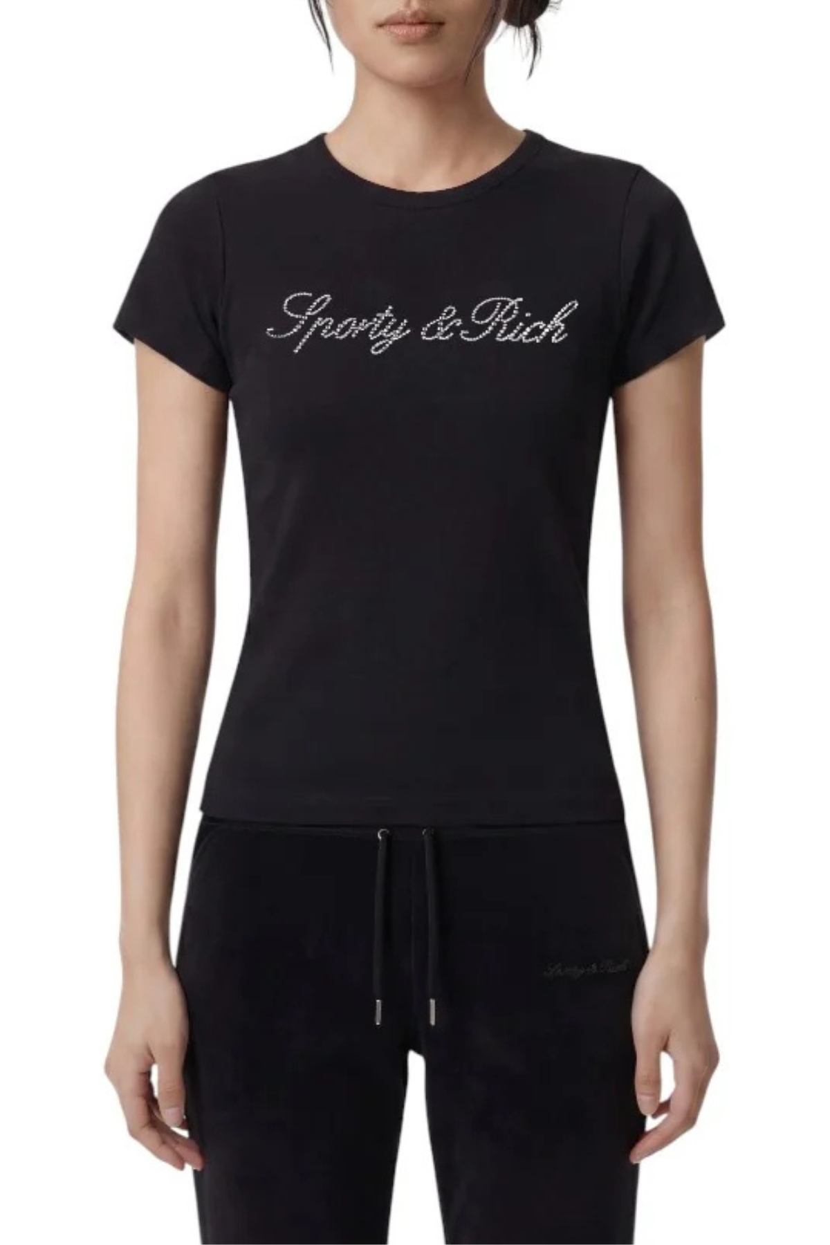 Sporty & Rich Signature Logo Krystal T-Shirt - Black Crystal