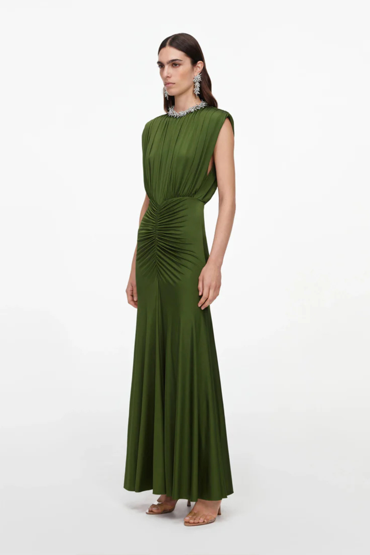 Self-Portrait Olive Jersey Gathered Maxi Dress - Green
