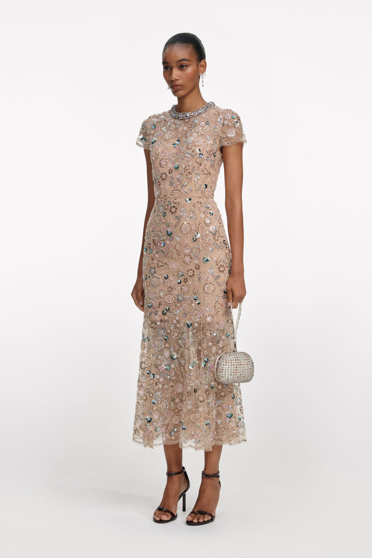 Self-Portrait Pink Flower Sequin Midi Dress - Pink