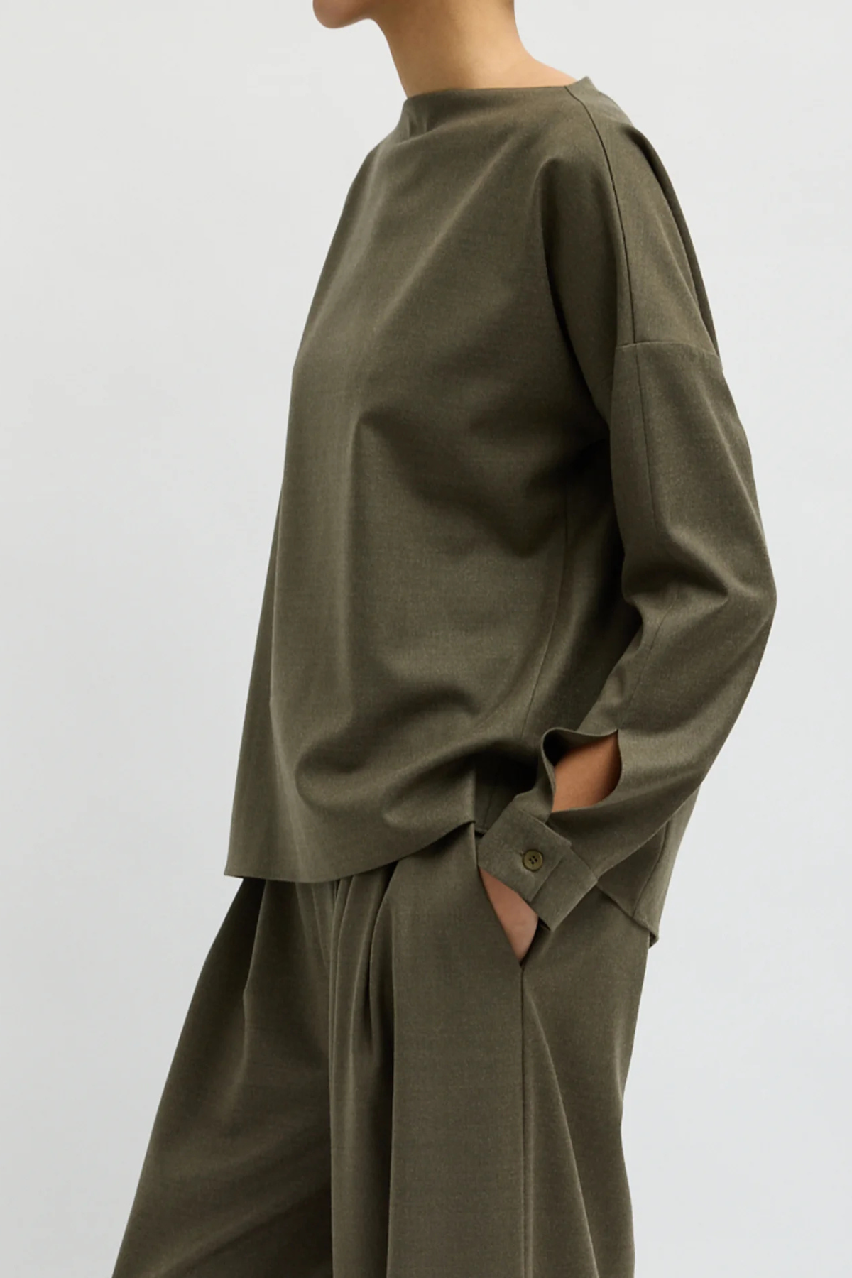 Tibi Cozy Flannel Boatneck Dolman Sleeve Top - Army Green