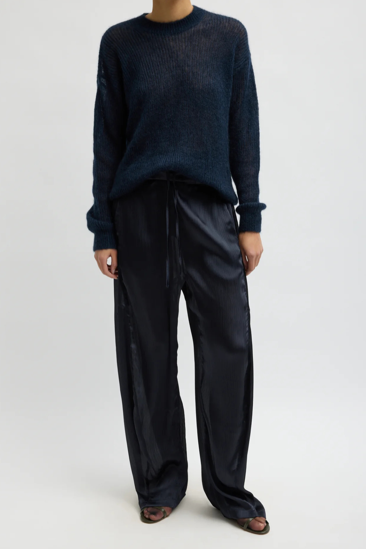 Tibi Matte Satin Plisse Winslow Pant - Navy