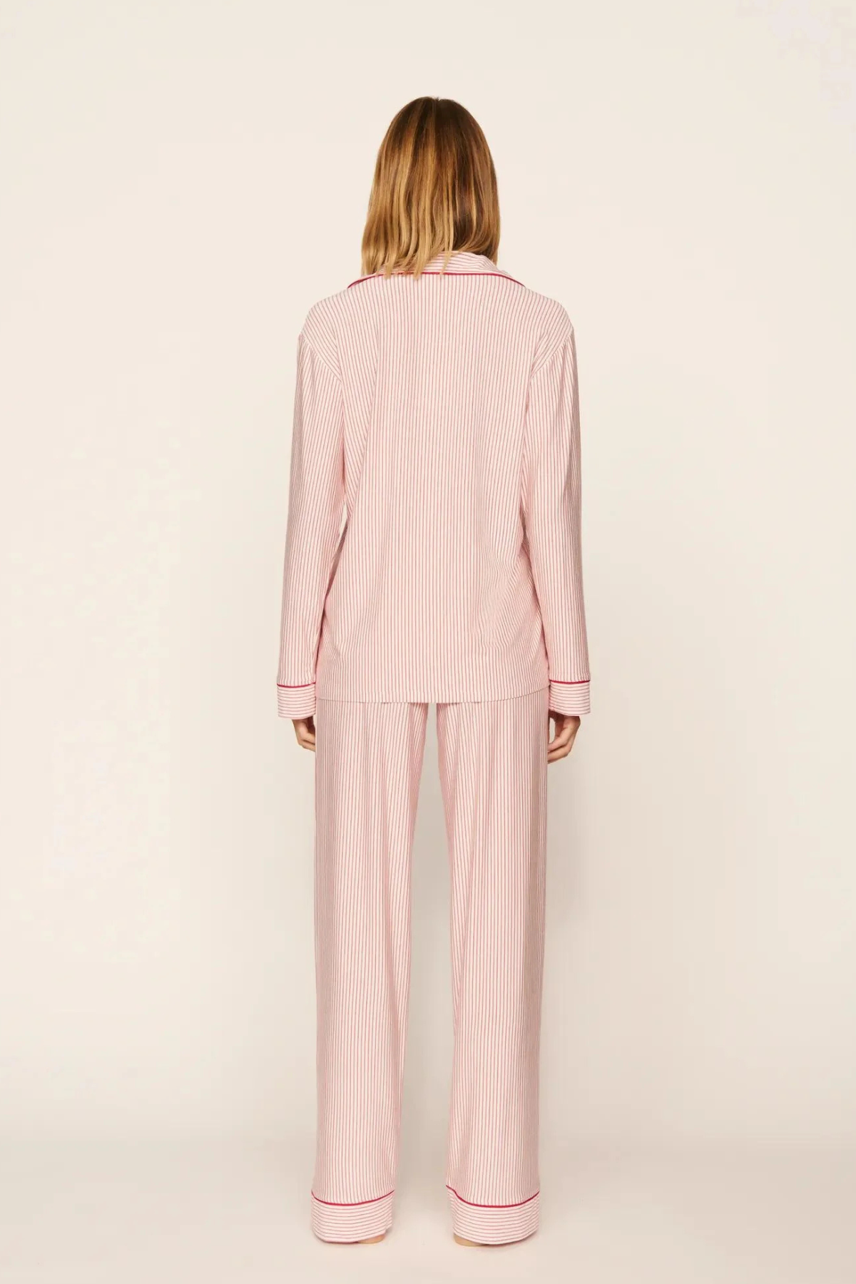 Eberjey Gisele Printed Long PJ Set in Duo Stripe/Holly Red, featuring a red striped long-sleeve button-front top and matching full-length pajama pants.
