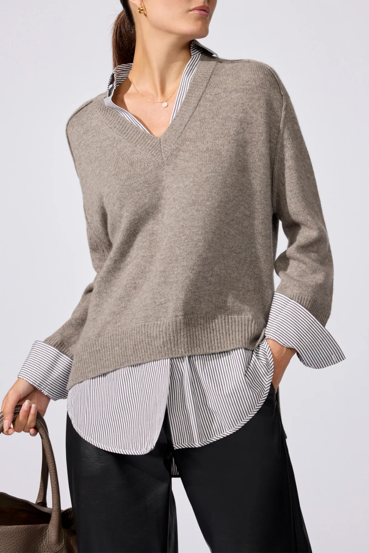 Brochu Walker The Looker V-Neck Printed Layered Pullover - Otter Melange With Flint