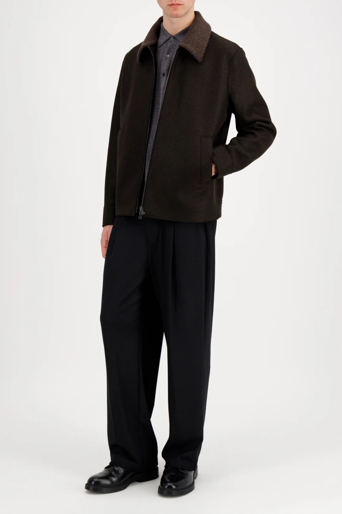 Harris Wharf Men's Golf Jacket Pressed Wool and Bouclé - Dark Brown