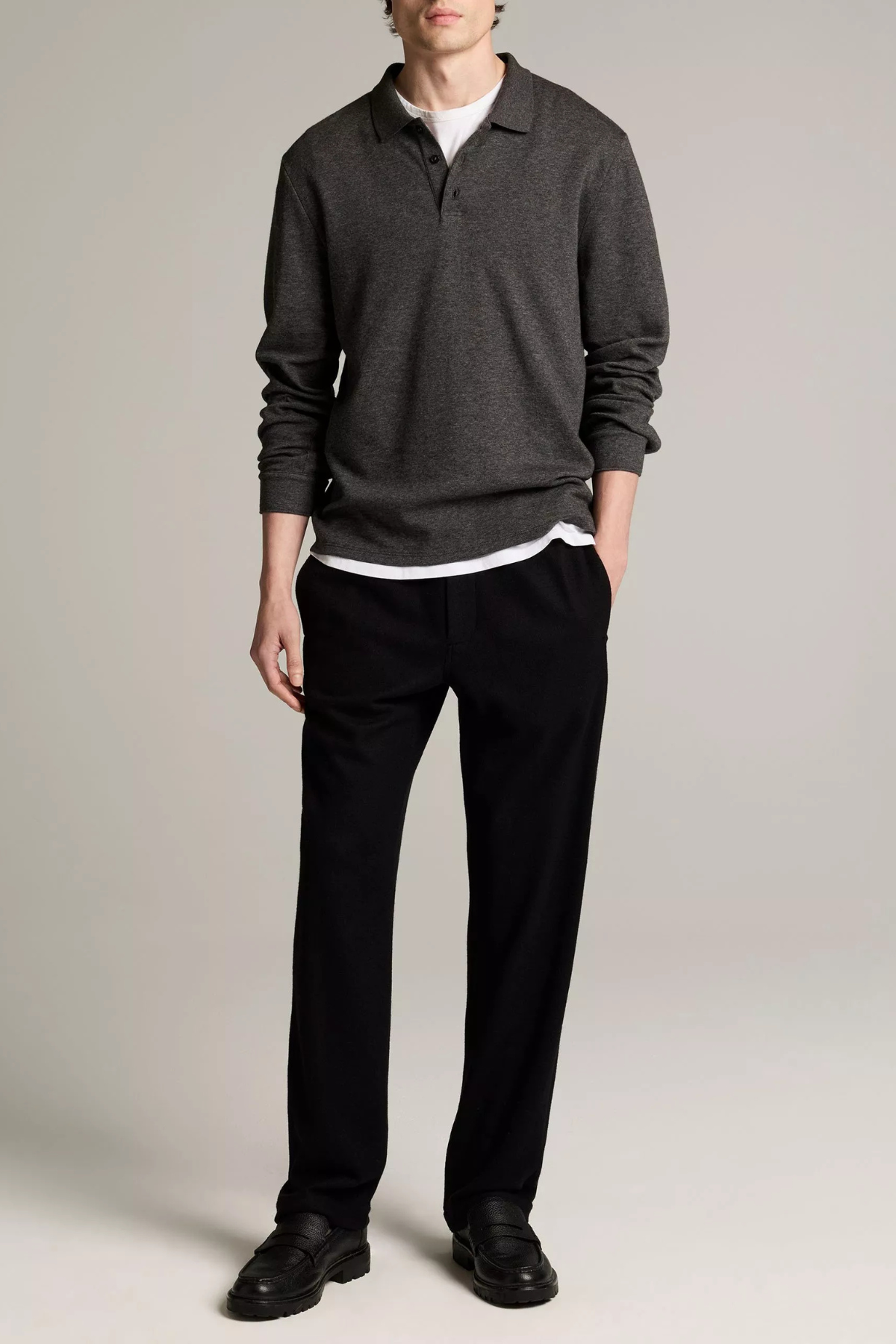 Vince Men's Heathered Double Face L/S Polo - Medium Heather Grey/ Heather Night Leaf