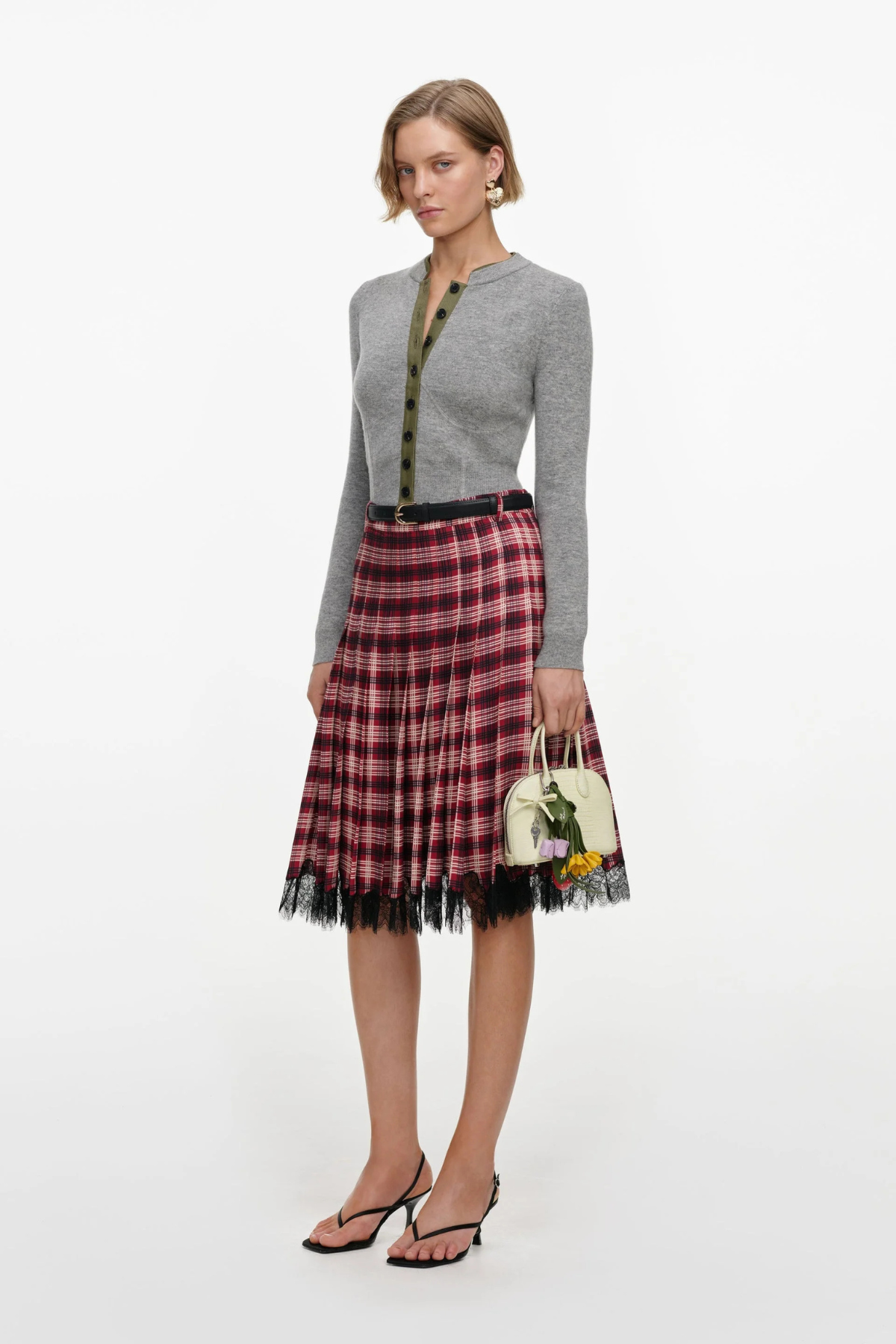 Self-Portrait Burgundy Check Chiffon Midi Skirt - Burgundy