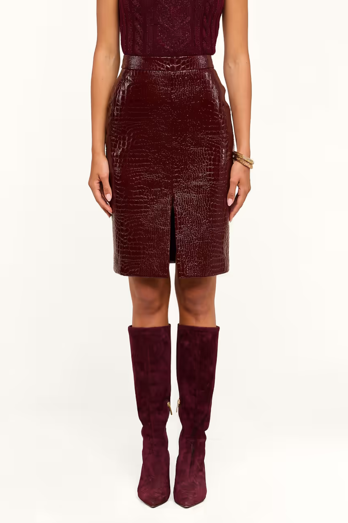 L’AGENCE Violetta Pencil Skirt - Dark Port Croc