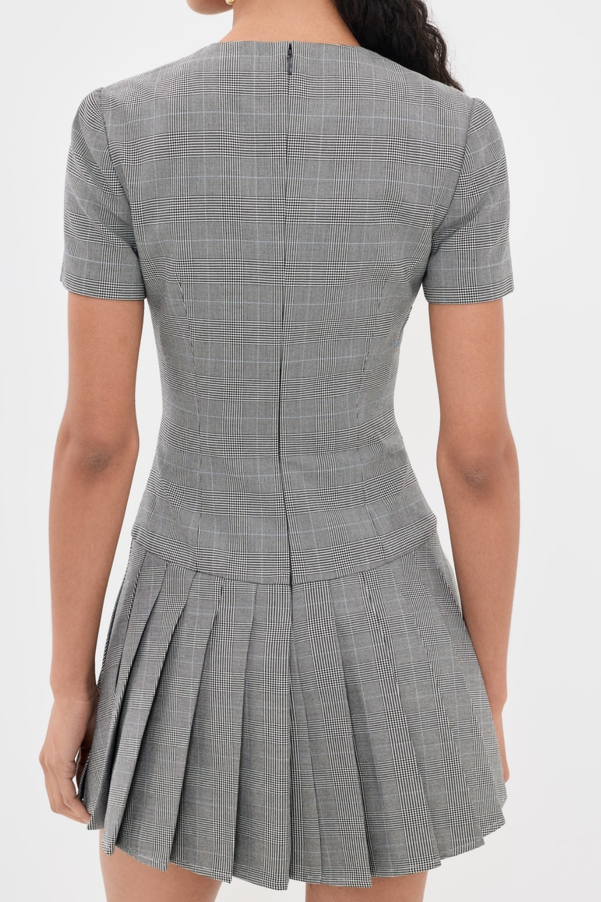 Self-Portrait Grey Wool Check Pleated Mini Dress - Grey