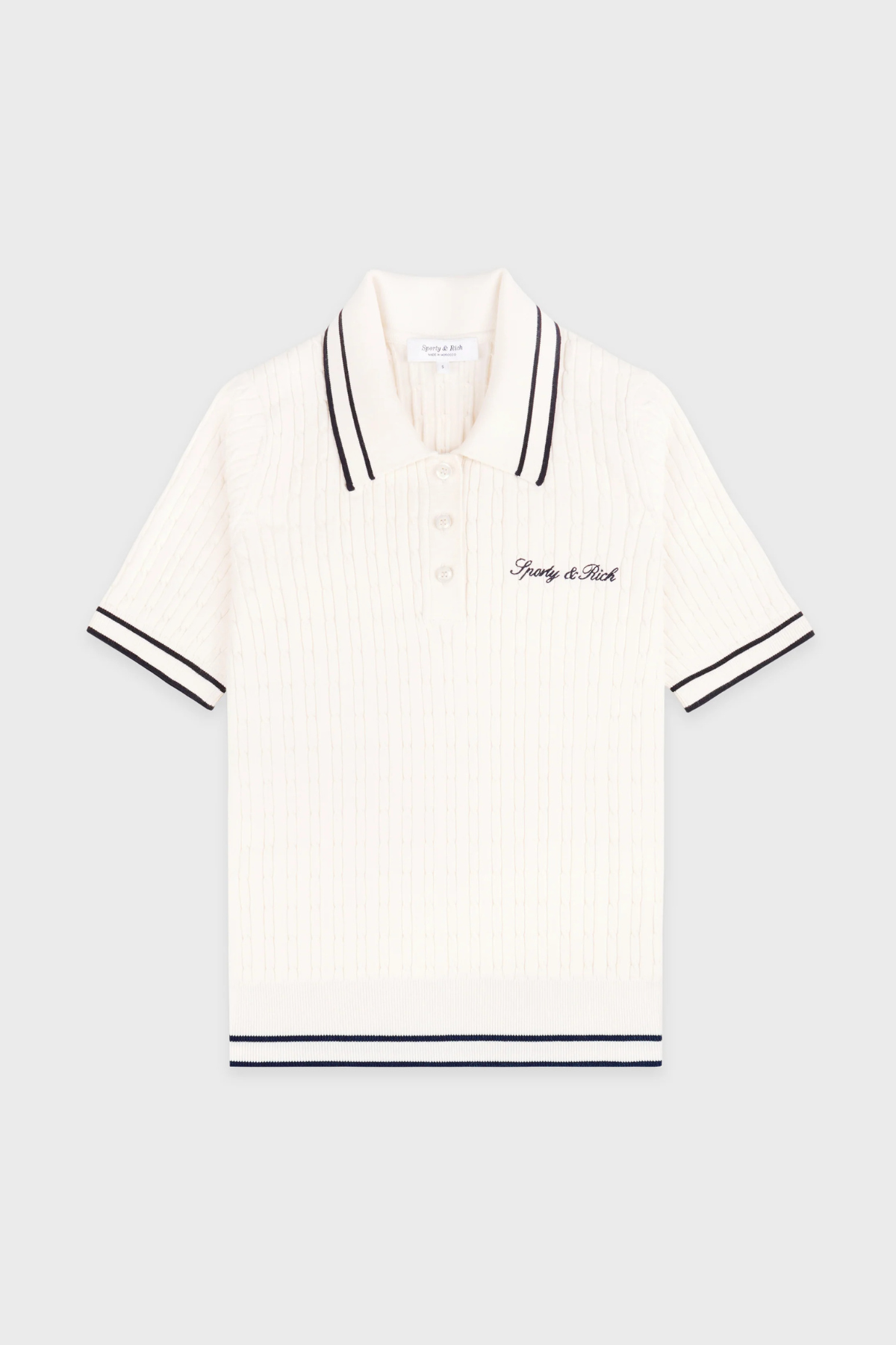 Sporty & Rich Signature Logo Mini Cable Polo - Ecru/Dark Navy
