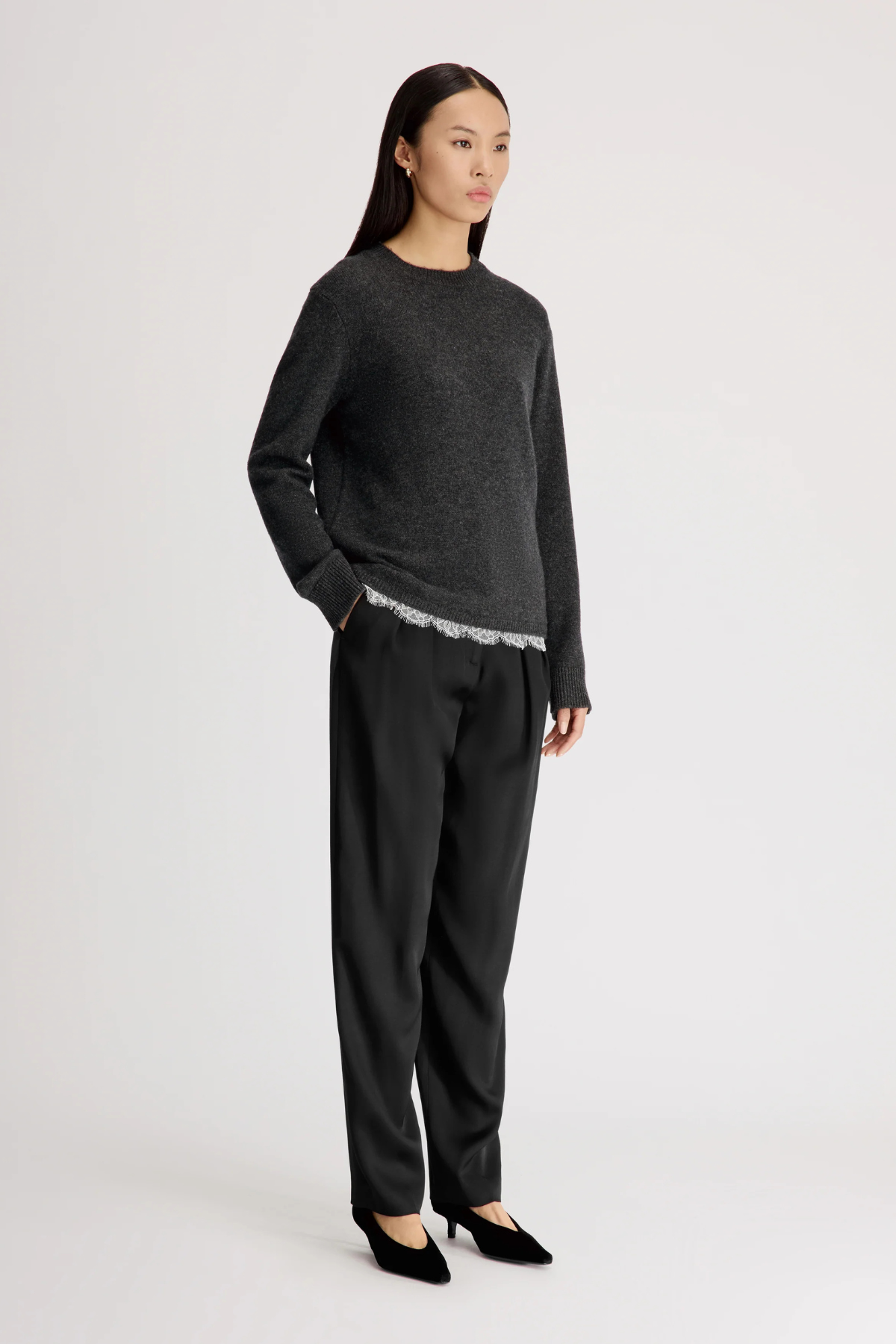 Loulou de Saison Arvo Sweater With Lace - Charcoal/ Ivory