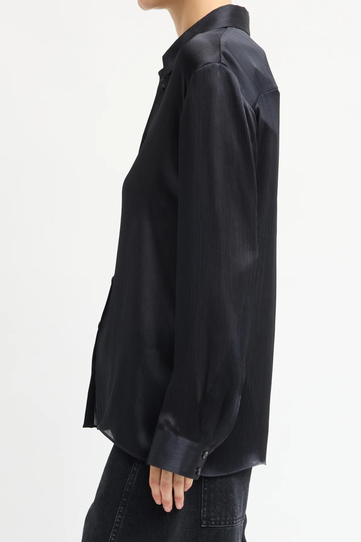 Tibi Matte Satin Plisse Slim Shirt in navy, featuring a slim silhouette and textured pleated matte satin fabric.