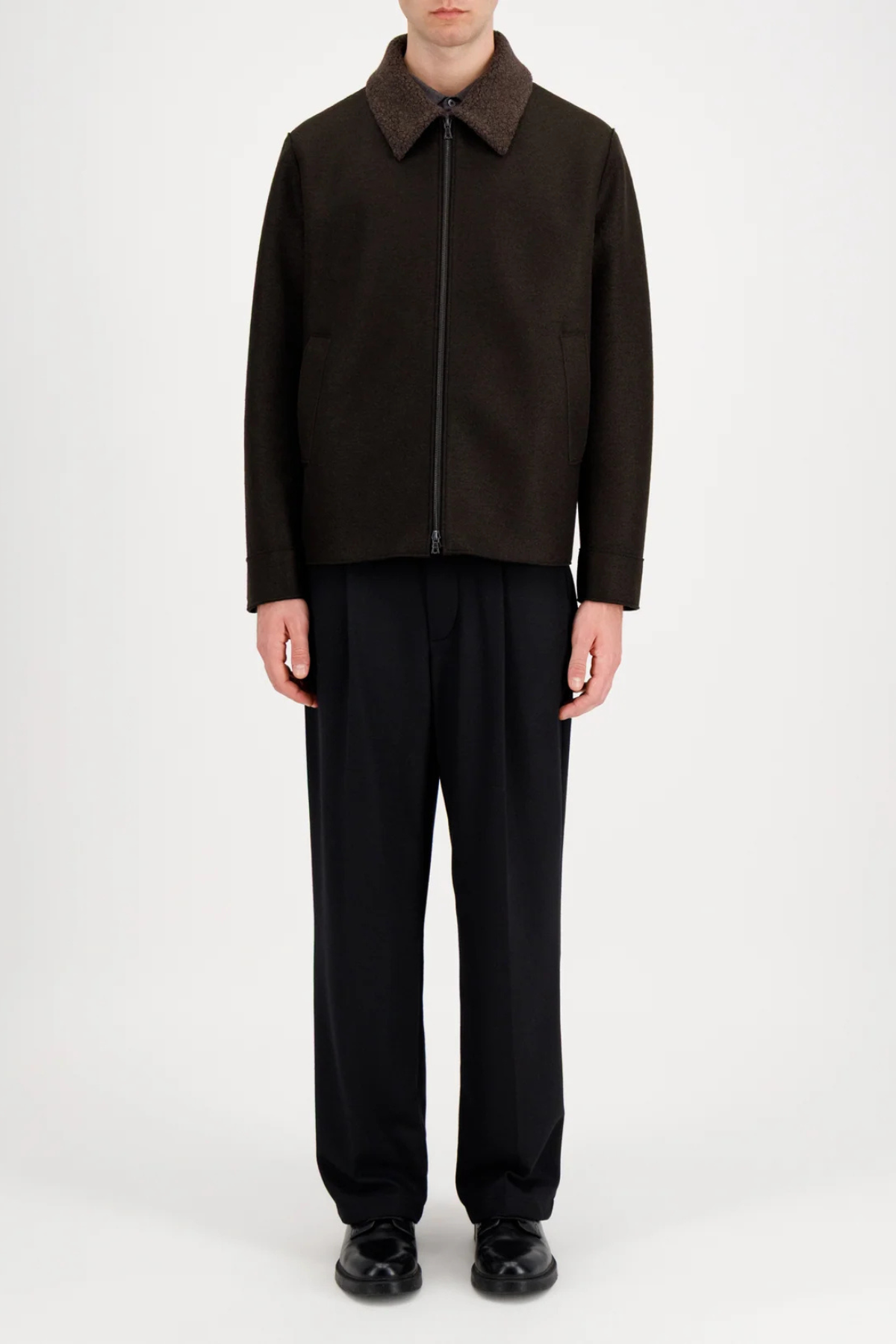 Harris Wharf Men's Golf Jacket Pressed Wool and Bouclé - Dark Brown