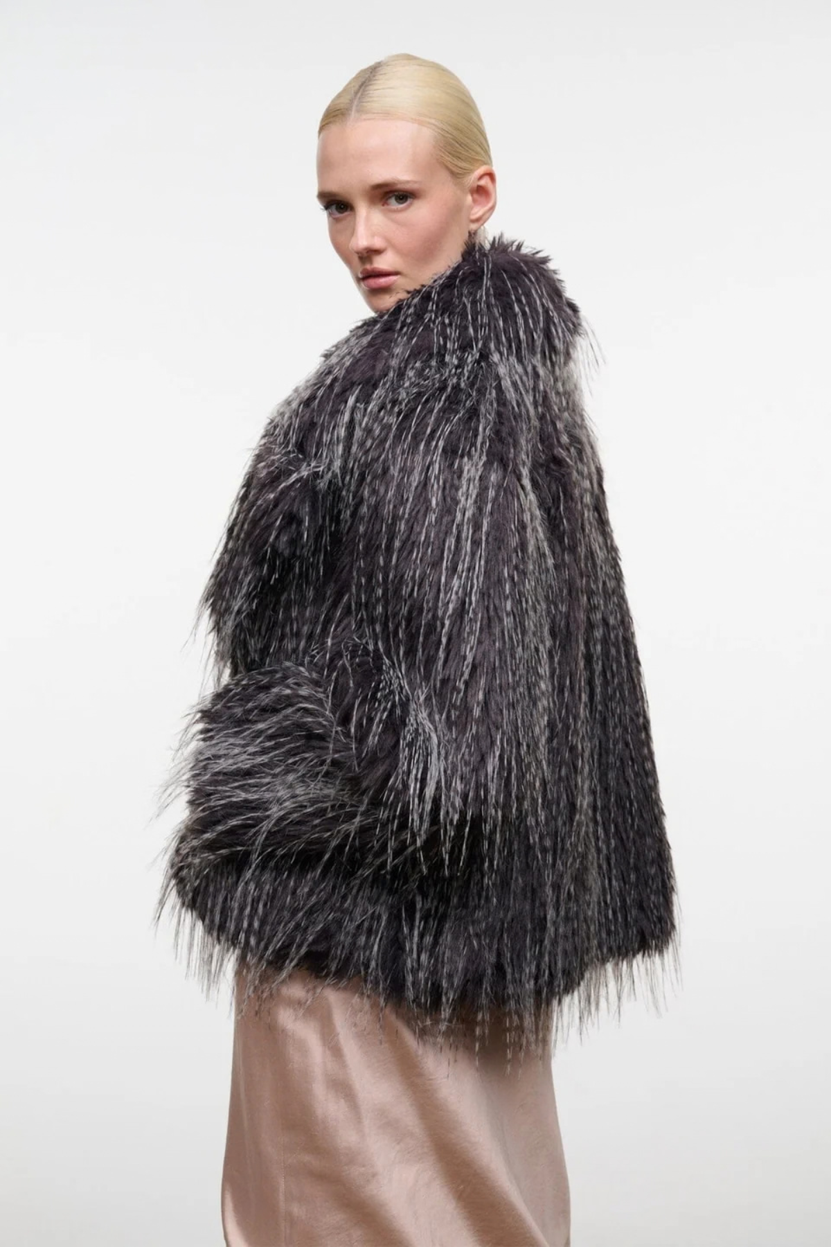 STAUD Soprano Faux Fur Jacket in Porcupine Quill with long-pile texture and shawl collar