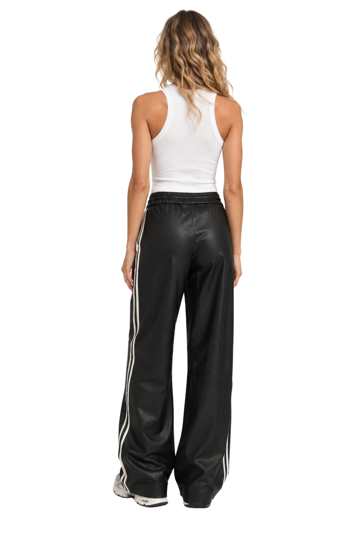SPRWMN Baggy Athletic Stripe leather sweatpants in Black and White with contrast side stripes
