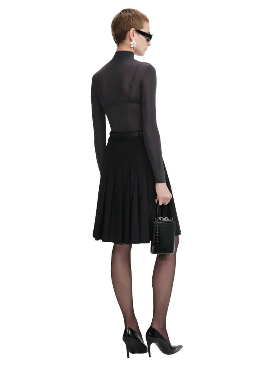 Self-Portrait Black Pleated Twill Midi Skirt