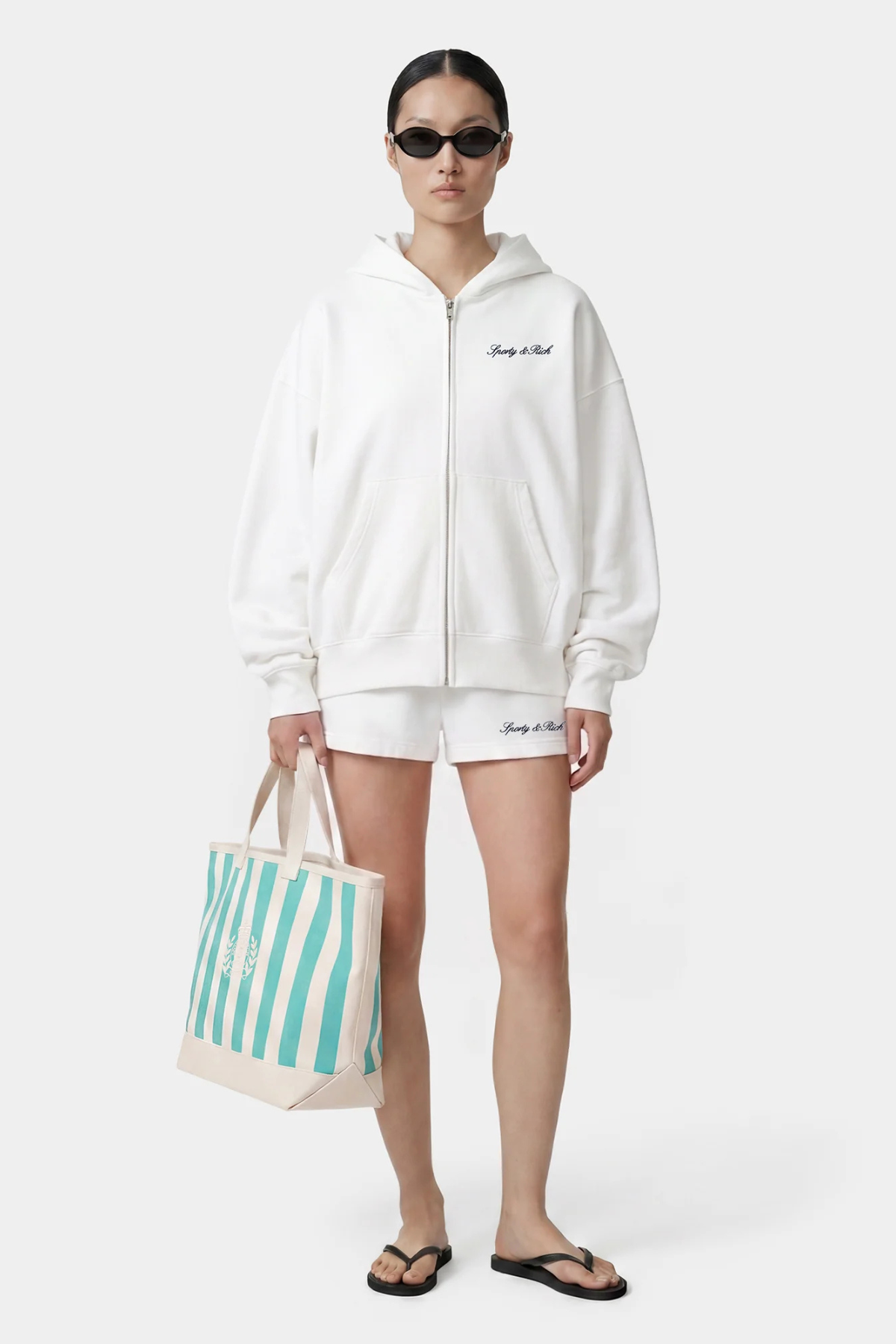 Sporty & Rich Signature Logo Embroidered Zip Hoodie - White Light Navy
