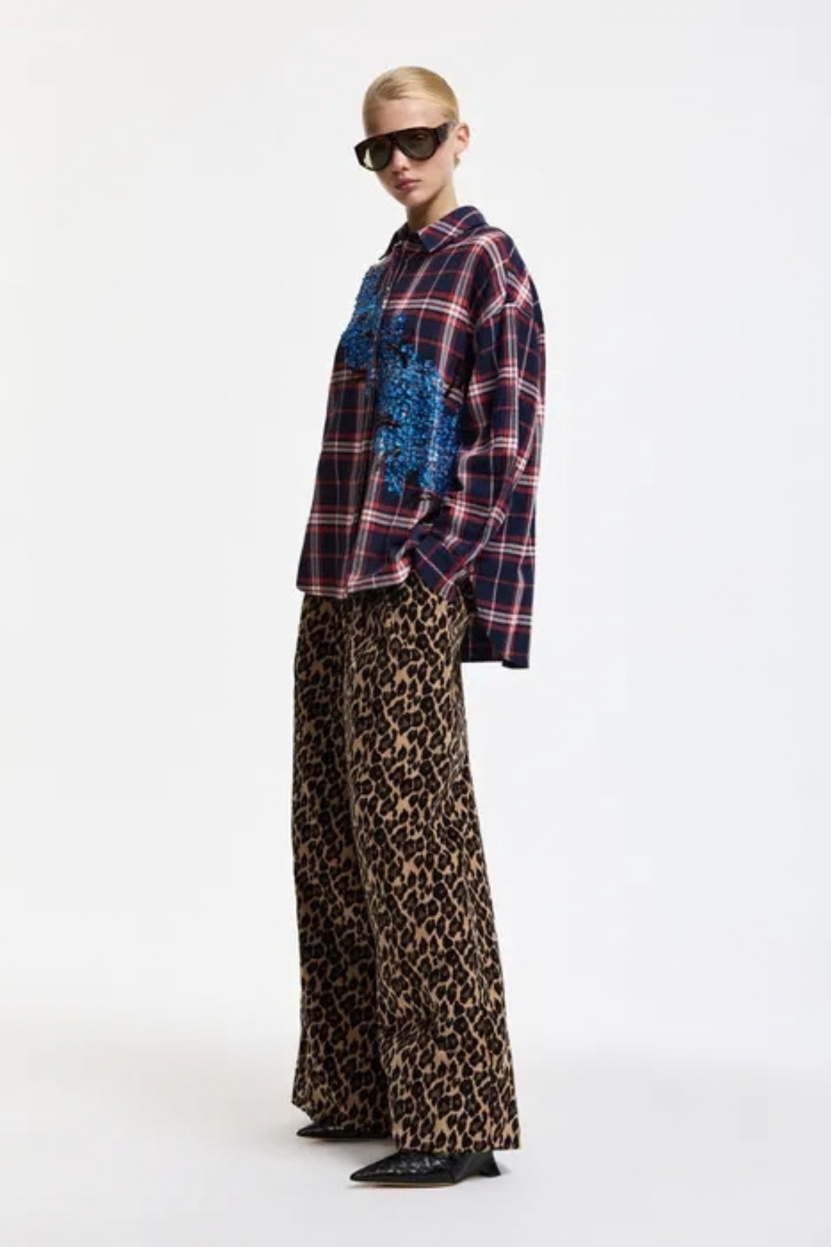 Essentiel Antwerp Checked Sequin Embellished Oversized Shirt - Blue/Navy/Red
