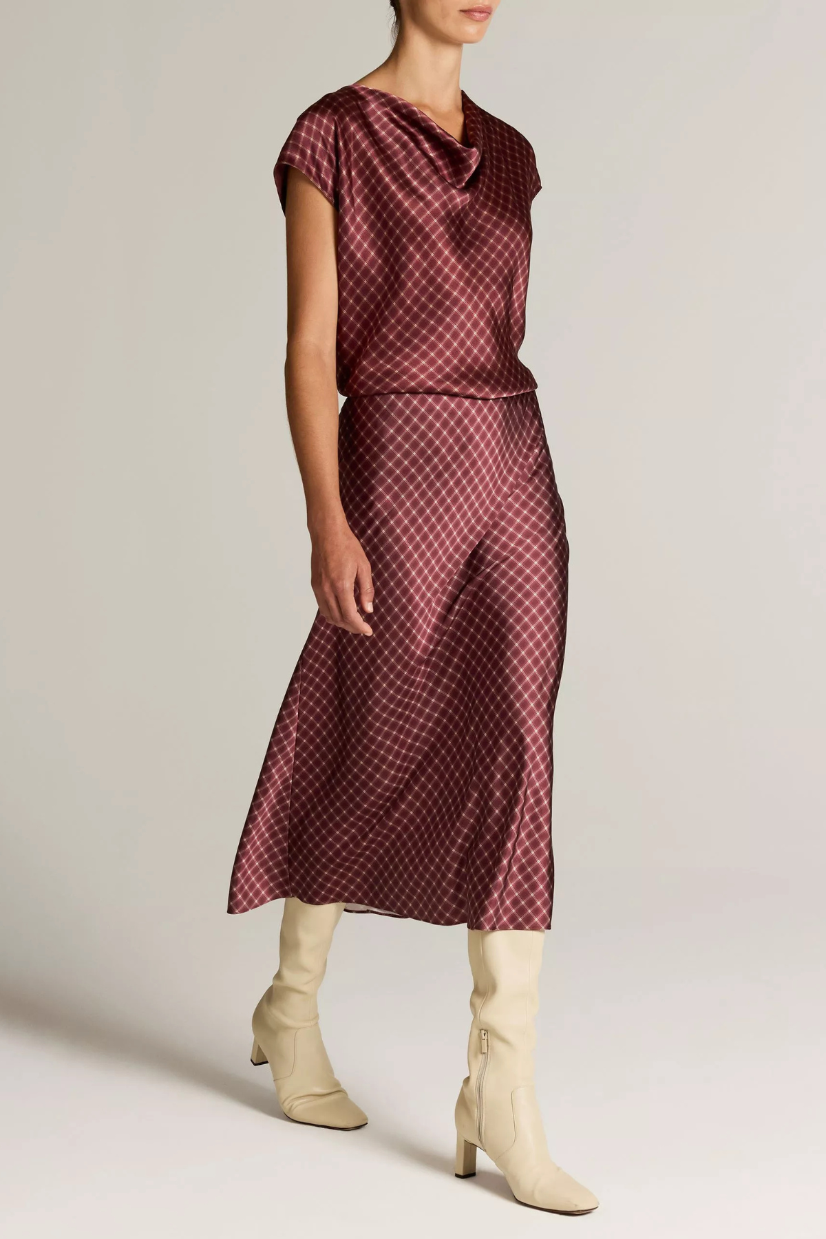 Vince Plaid Ombre Slip Skirt With Lingerie Elastic - Black Rose/Oak Buff