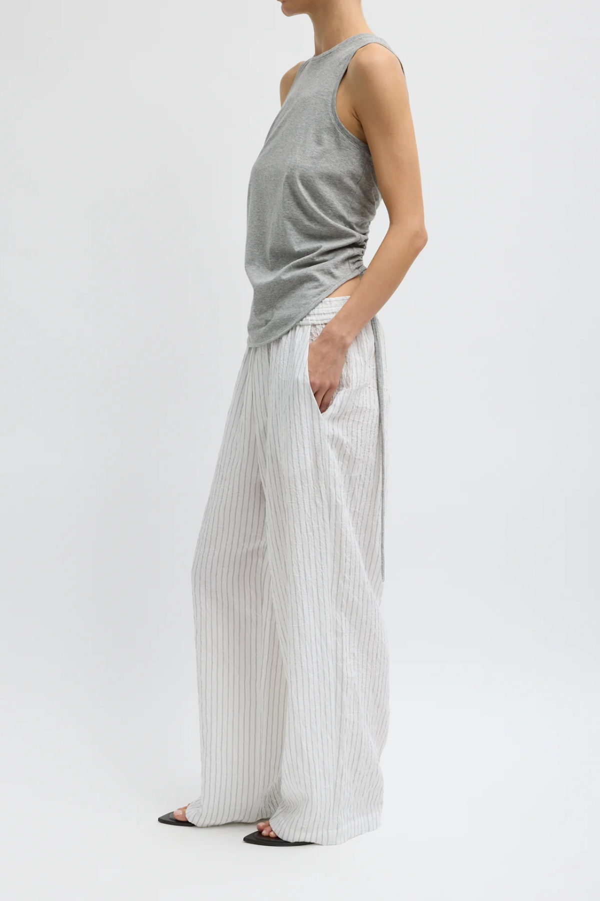 Tibi Crinkle Stripe Summer Suiting Wide Leg Pull On Pant - Ivory Multi