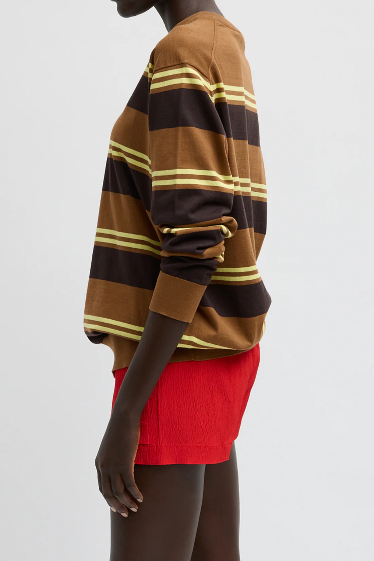 Tibi Super Fine Gauge Striped Perfect Crewneck Pullover - Brown Multi