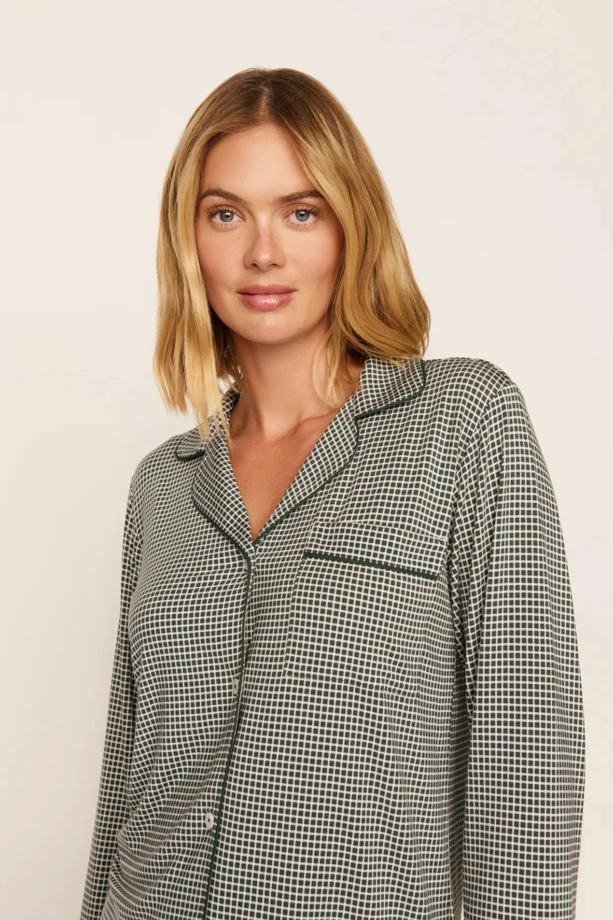 Eberjey Gisele Printed Long PJ Set in Cabin Check Ivory/Pine, featuring an ivory and pine-green check pattern, long-sleeve button-front top and matching full-length pants.