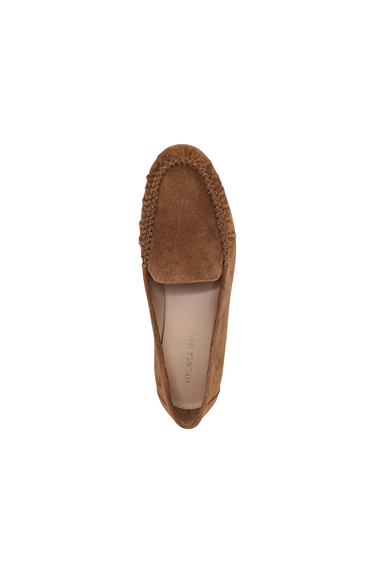 Veronica Beard Prilla loafer in chestnut brown suede featuring textured ruching across the front, a cushioned footbed and a low heel. A single brown suede moccasin loafer shown from a top-down view on a plain white background.