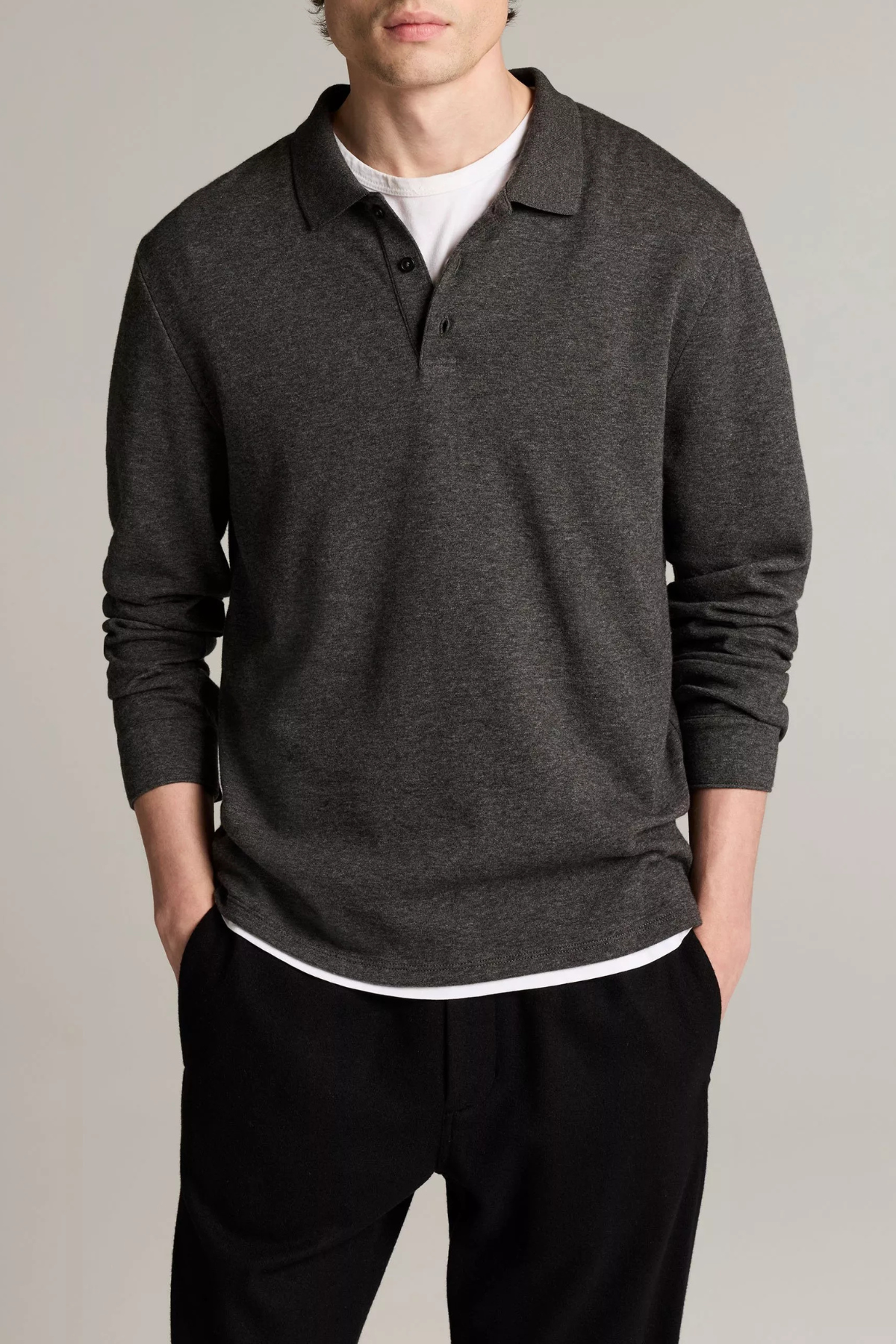 Vince Men's Heathered Double Face L/S Polo - Medium Heather Grey/ Heather Night Leaf