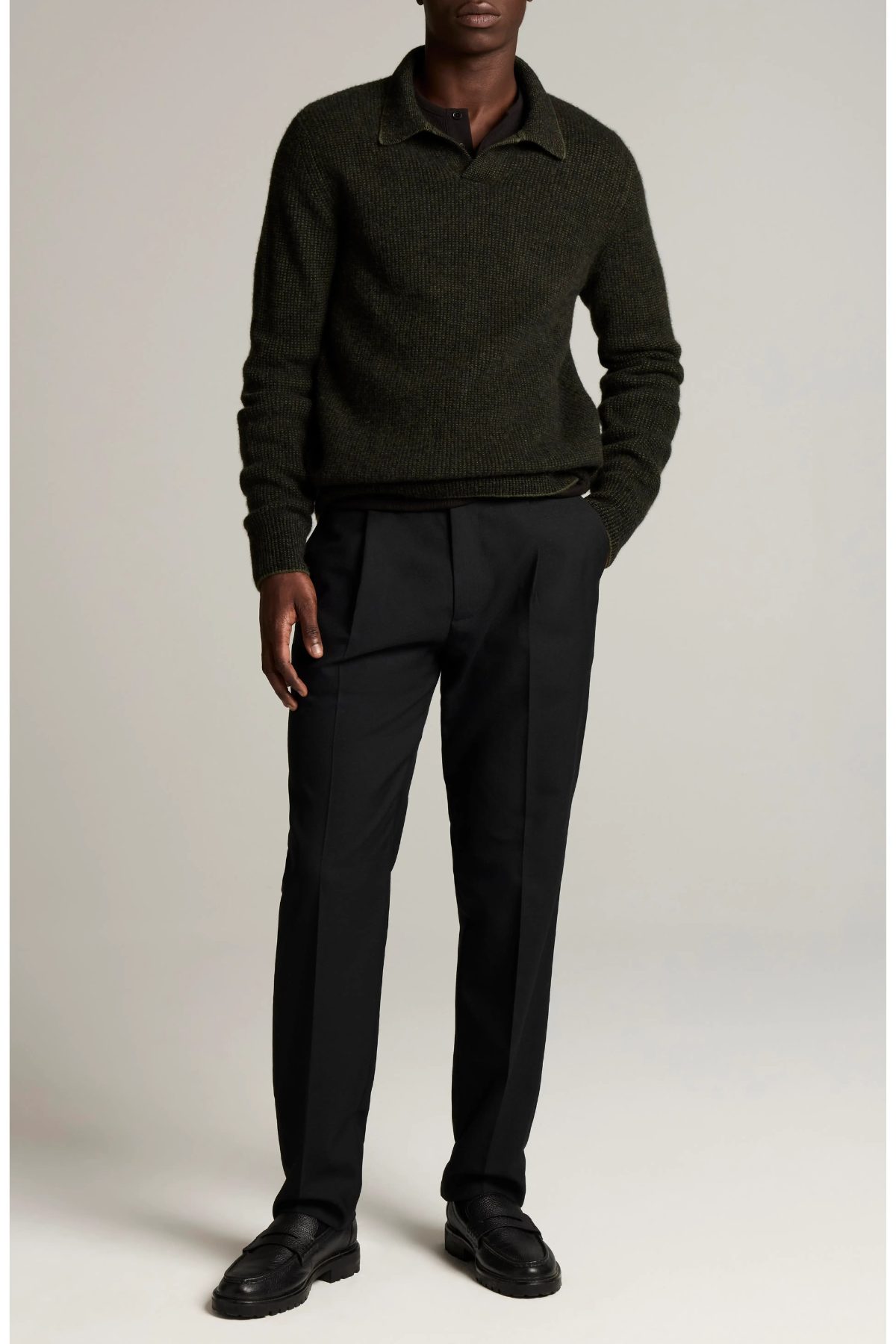 Vince Men's Boiled Thermal Johnny Collar Polo - Night Leaf/ Black