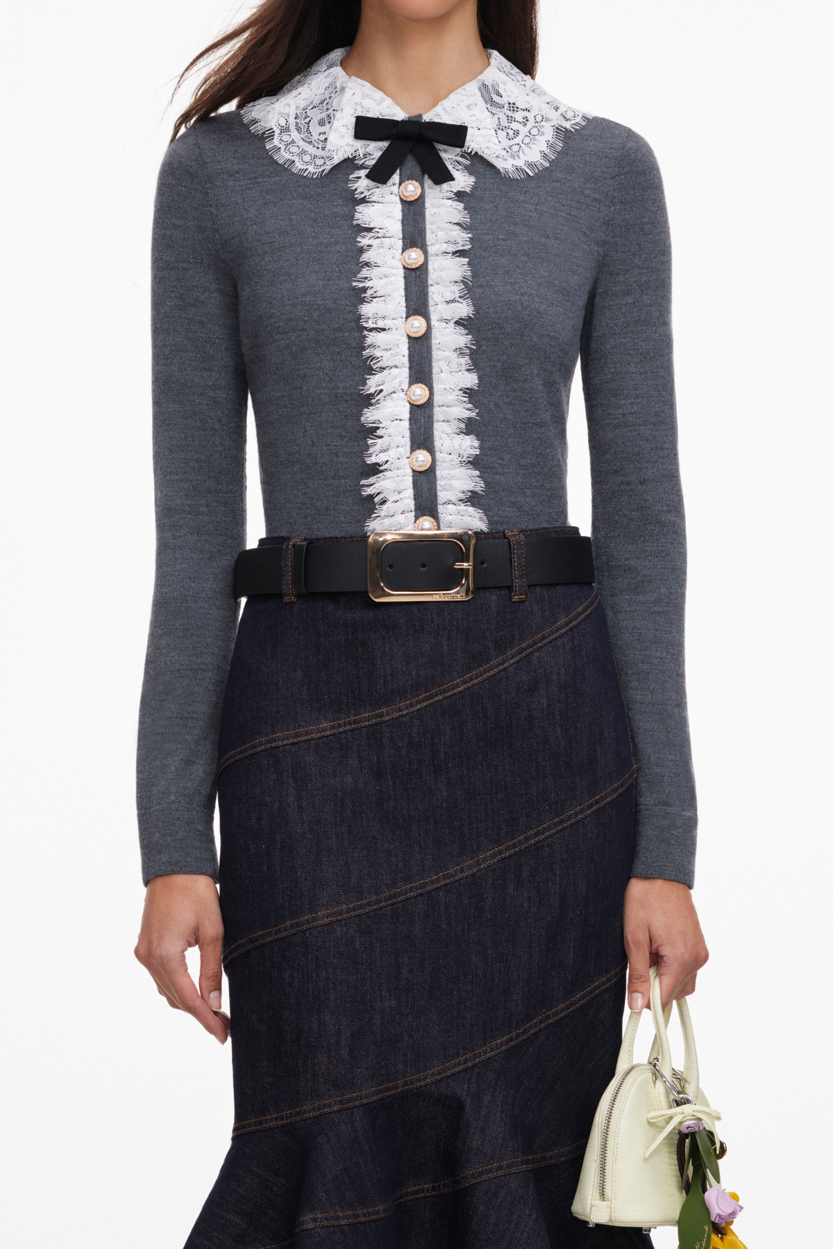 Self-Portrait Grey Lace Collar Knit Cardigan - Grey