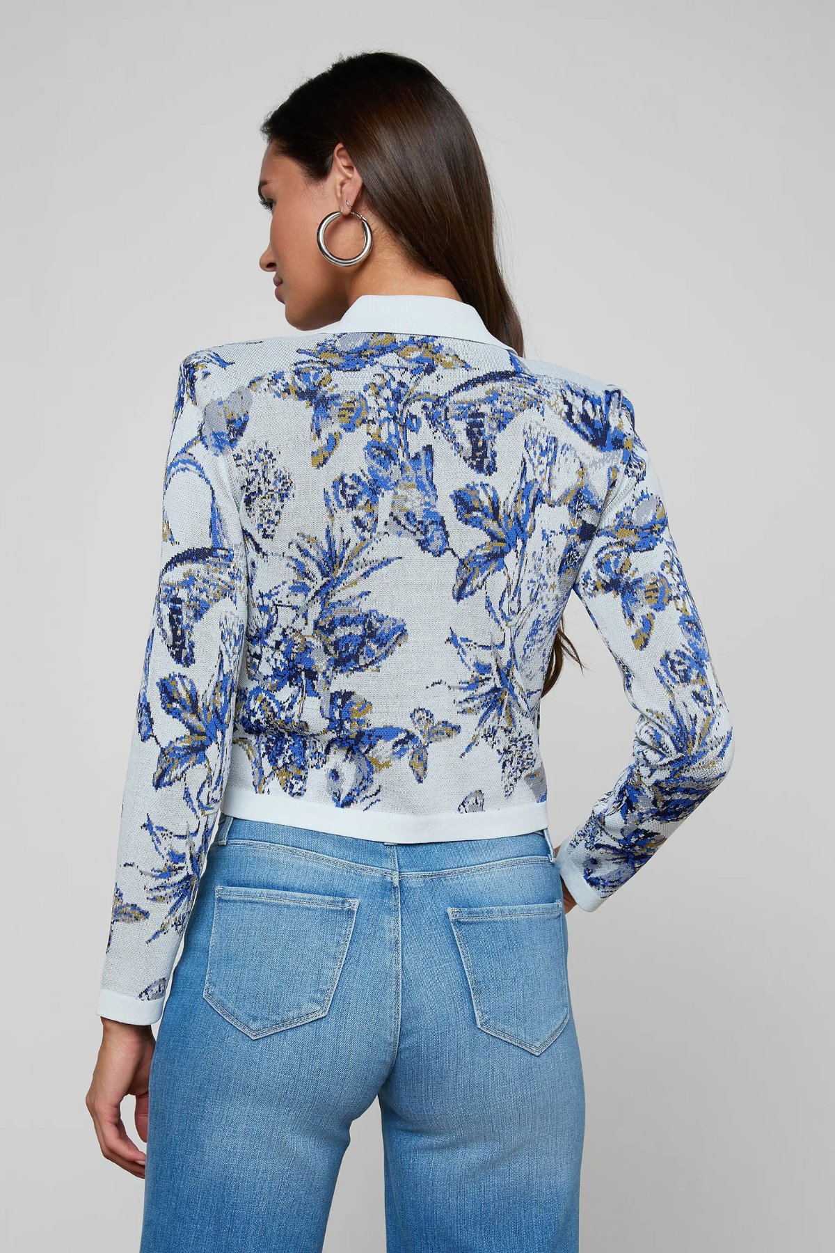 L’AGENCE Osiris Jacquard Cardigan - Grey Multi Watercolor Butterfly Jacquard