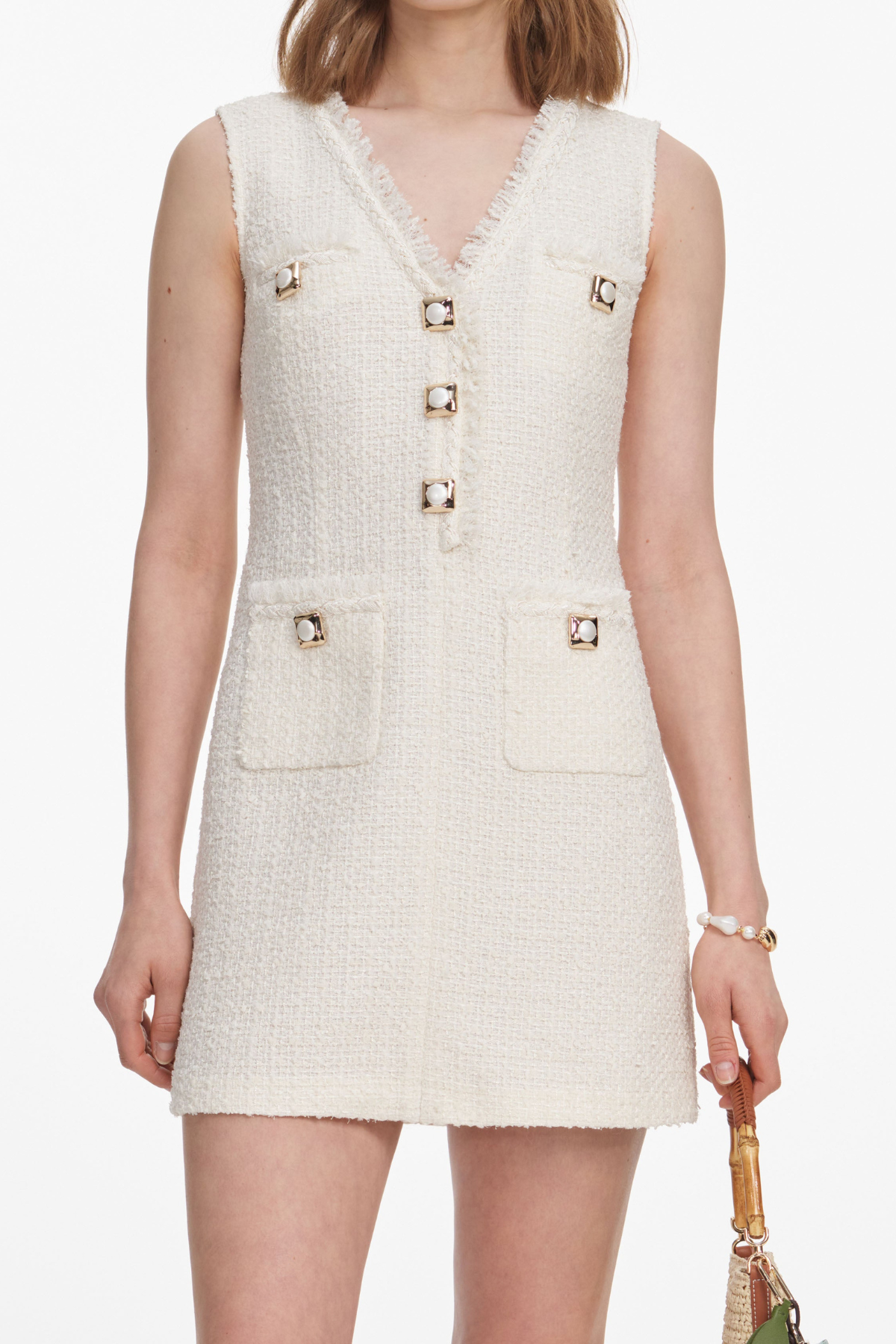Self-Portrait Cream Sleeveless Boucle Mini Dress - Cream