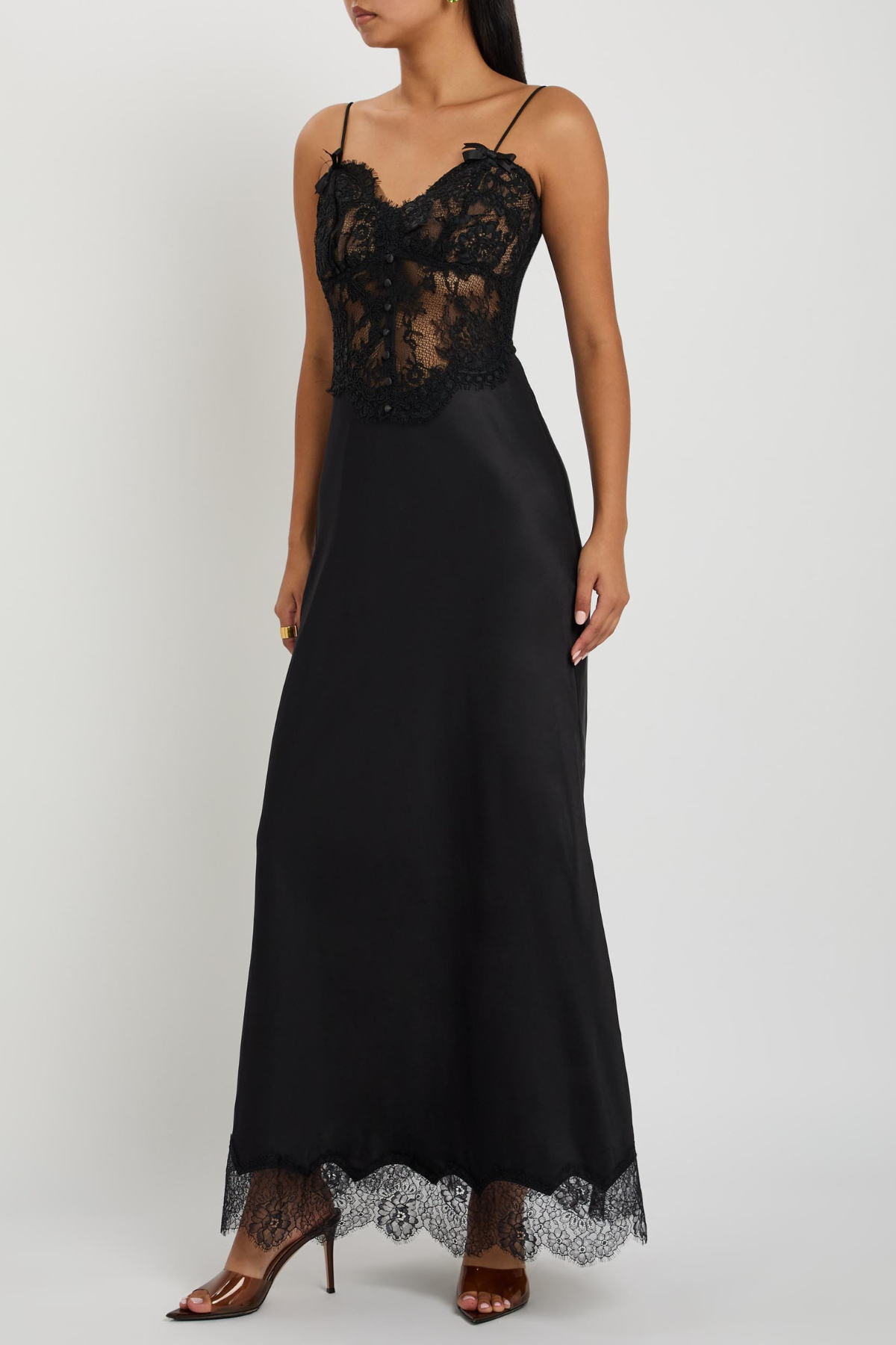 Self-Portrait Black Satin Lace Midi Dress - Black