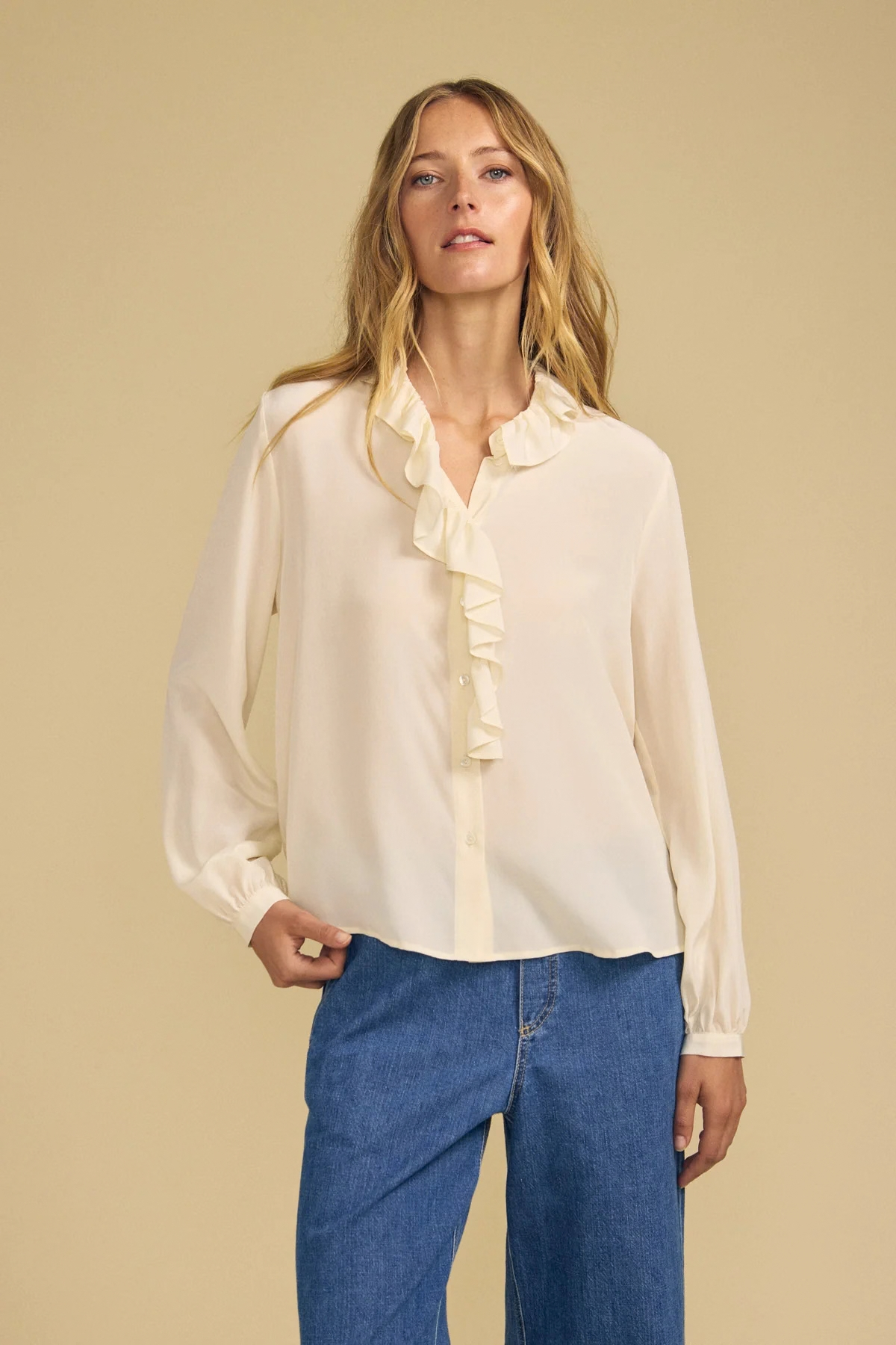 Velvet Paige Washed Silk Solid Top - Pearl