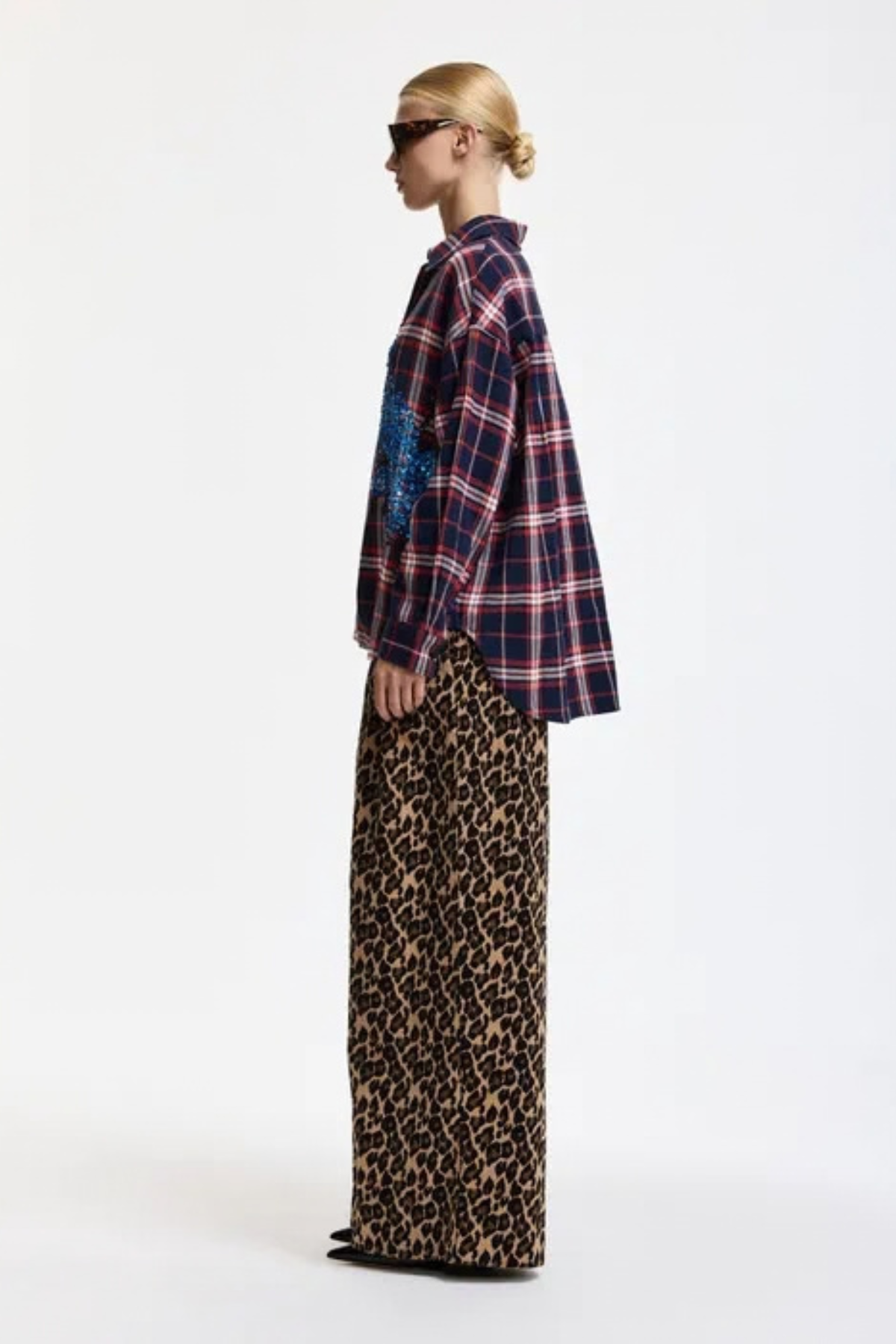 Essentiel Antwerp Checked Sequin Embellished Oversized Shirt - Blue/Navy/Red