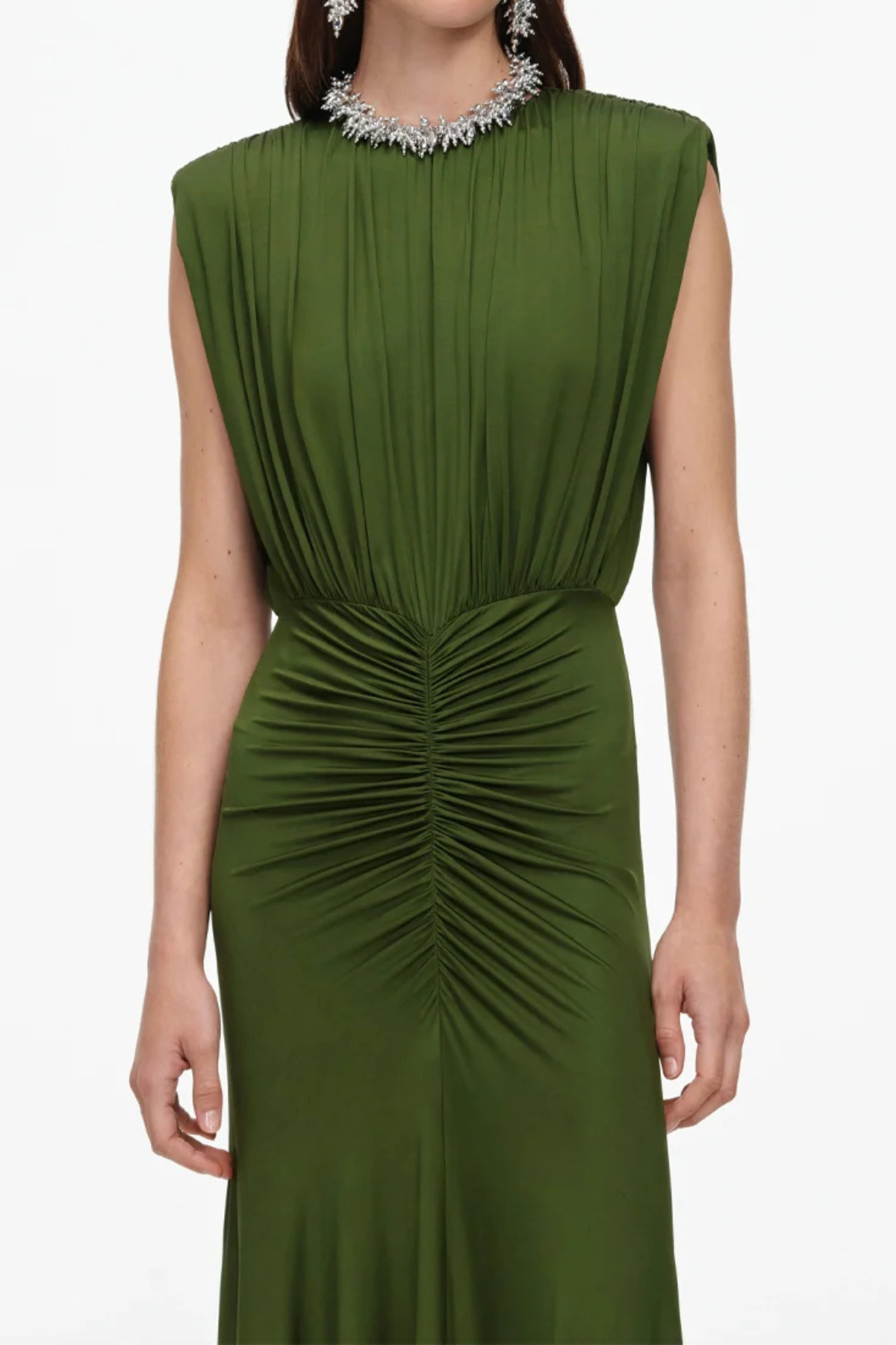 Self-Portrait Olive Jersey Gathered Maxi Dress - Green