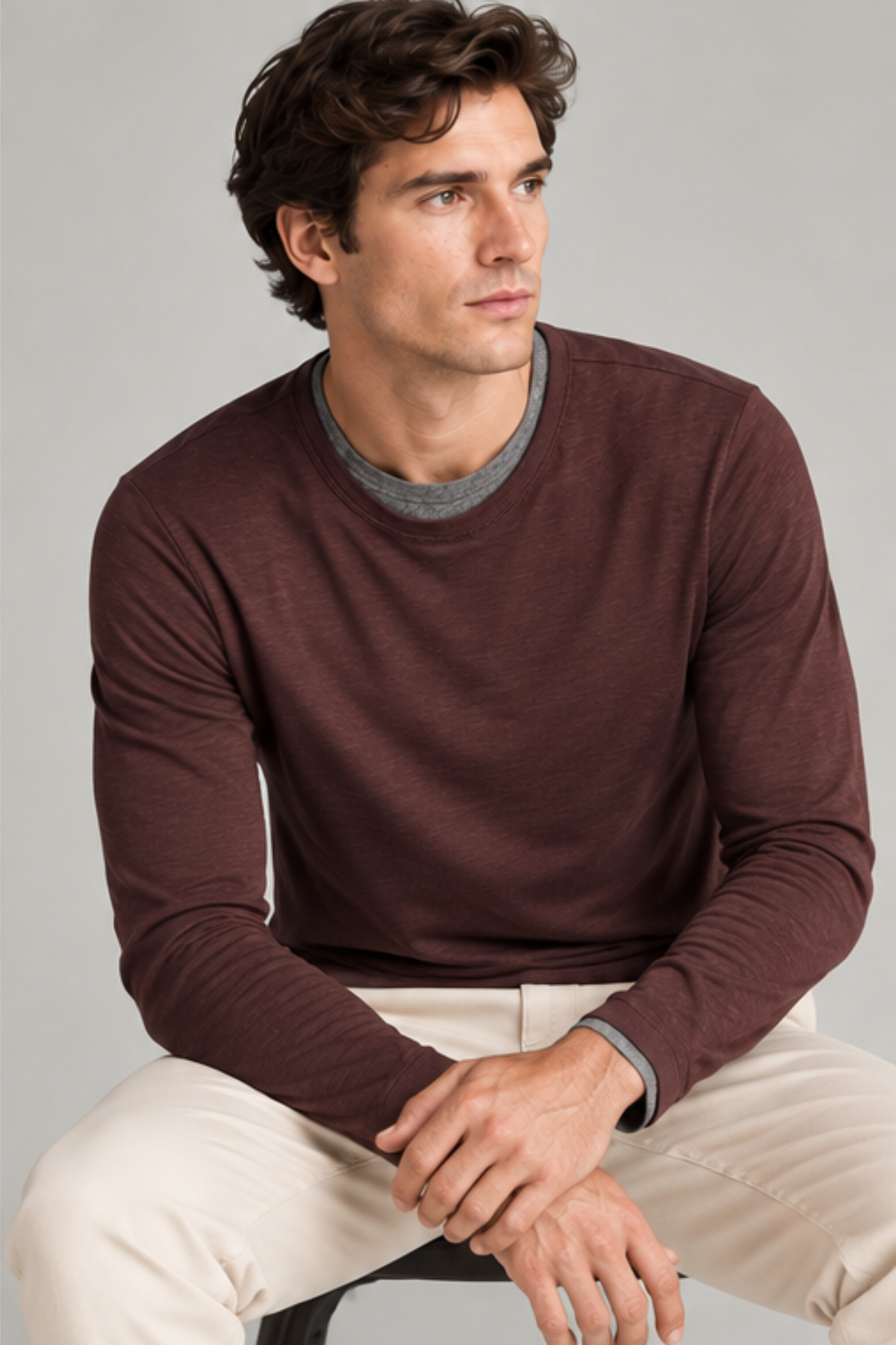 Vince Men's Fine Slub Double Layer L/S Crewneck - Chocolate Plum/ Medium Heather Grey