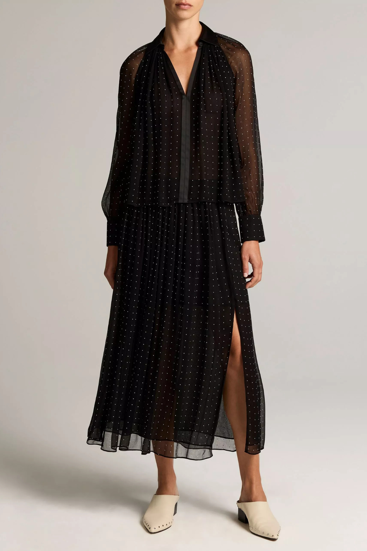 Vince Heat Set Dot Sheer Gathered Blouse - Black