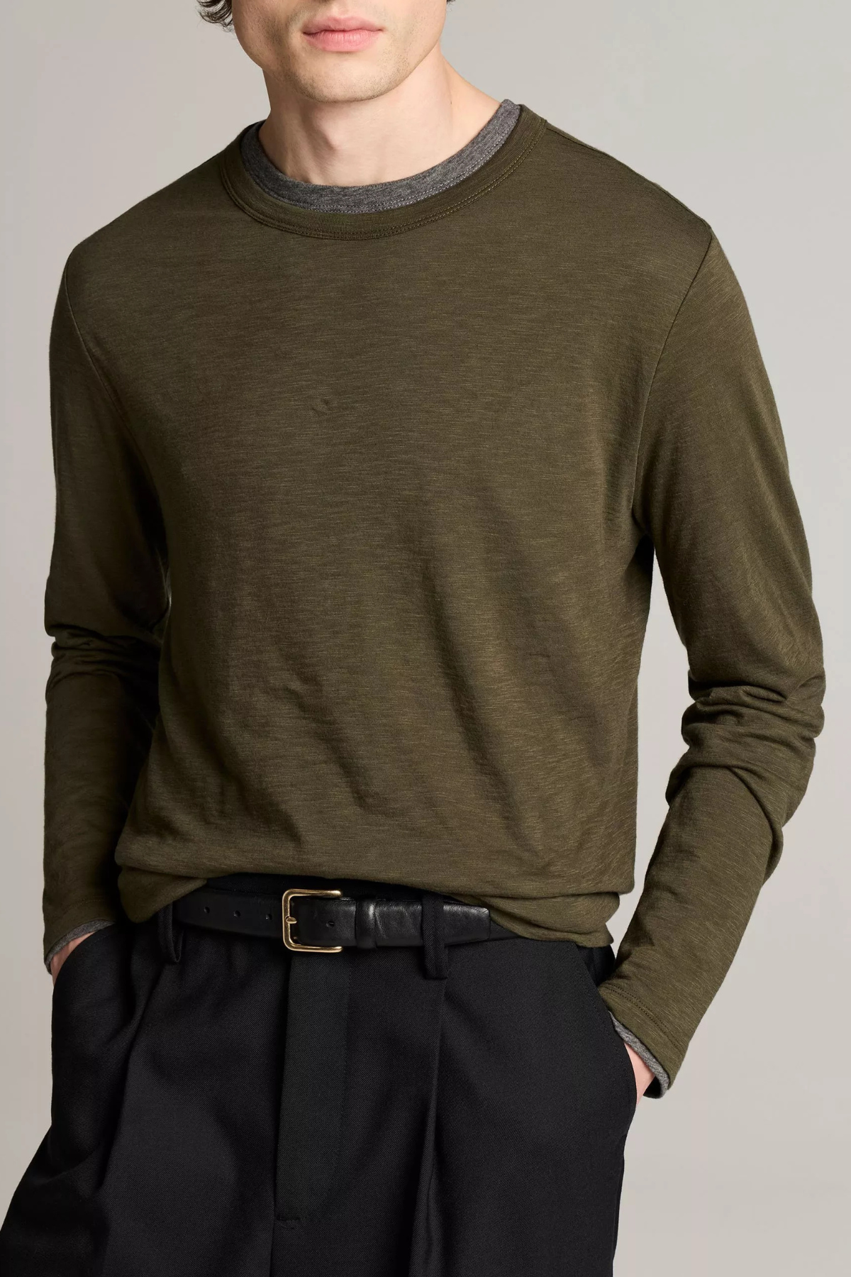 Vince Men's Fine Slub Double Layer L/S Crewneck - Night Leaf/ Medium Heather Grey
