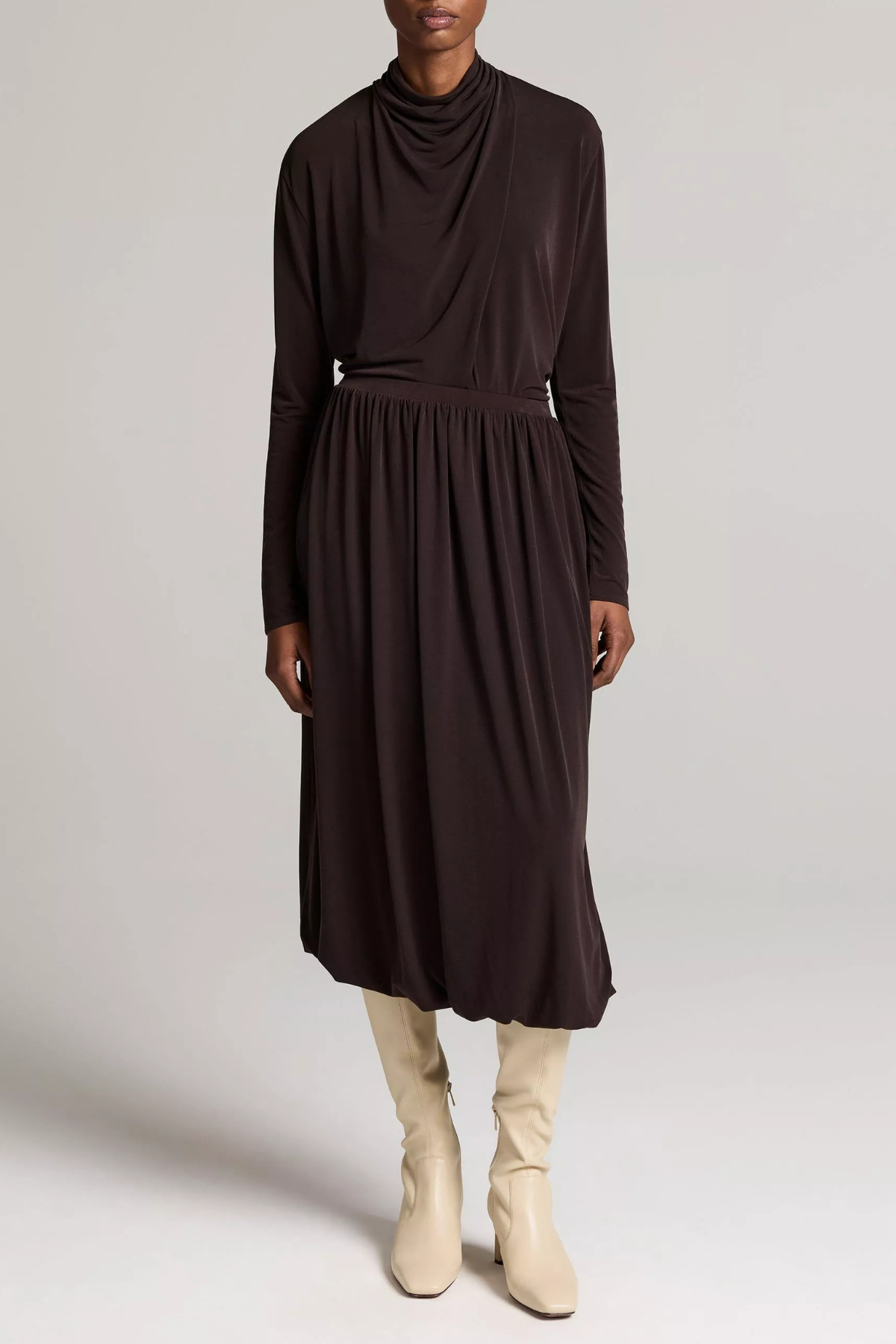 Vince Long Sleeve Draped Cowlneck Blouse - Smoked Truffle