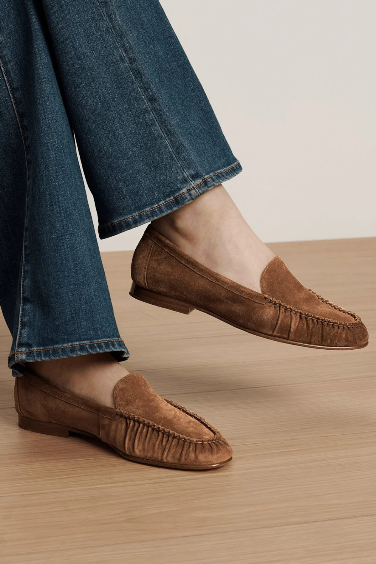 Veronica Beard Prilla loafer in chestnut brown suede featuring textured ruching across the front, a cushioned footbed and a low heel.