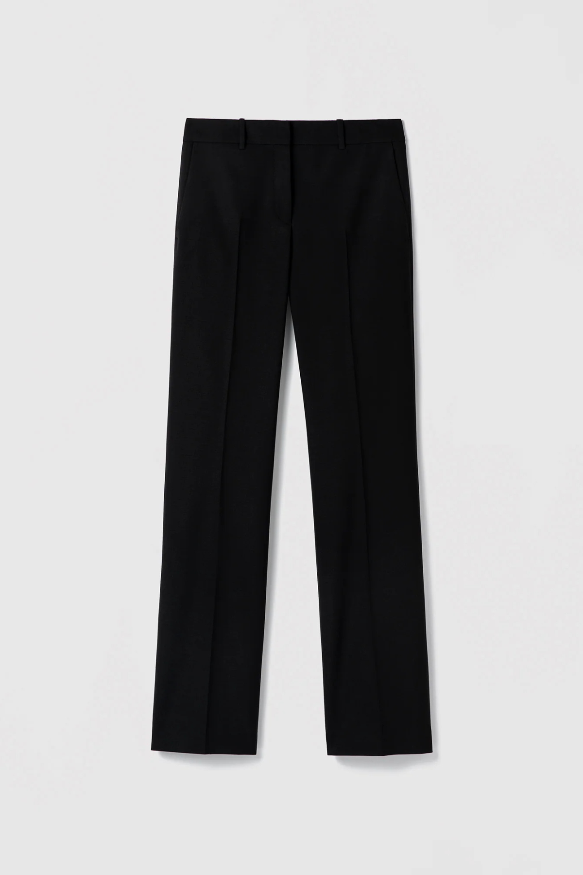 Judith & Charles Ilan B Pant in black stretch virgin wool, featuring a low-rise waist, pressed front creases, slash pockets and a flared leg.
