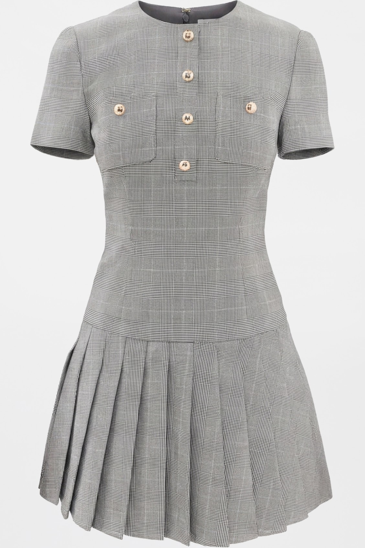Self-Portrait Grey Wool Check Pleated Mini Dress - Grey