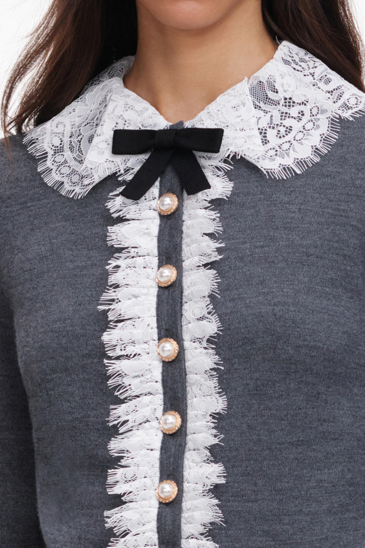 Self-Portrait Grey Lace Collar Knit Cardigan - Grey