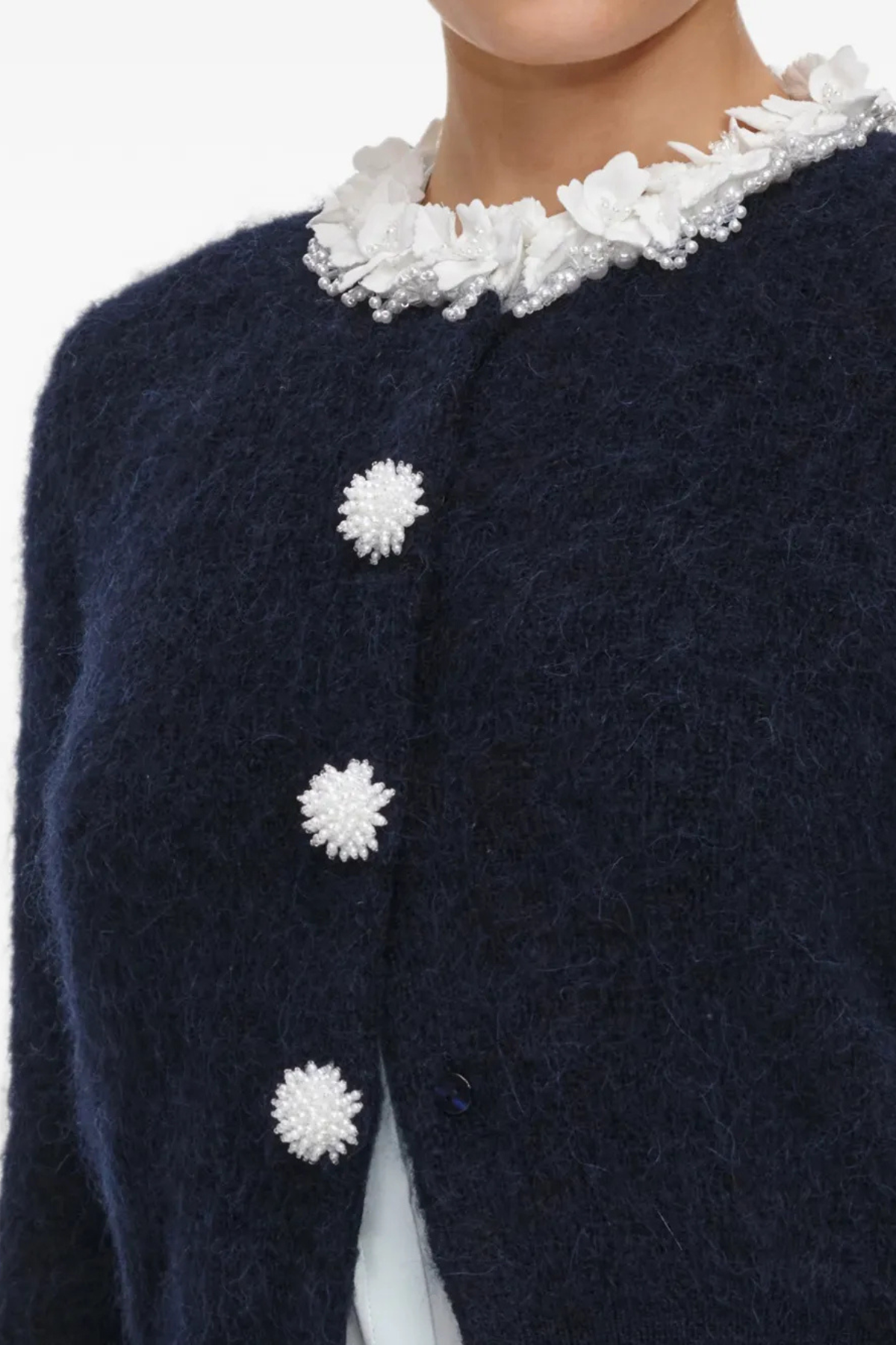 Self-Portrait Navy Flower Pearl Trim Jumper - Navy
