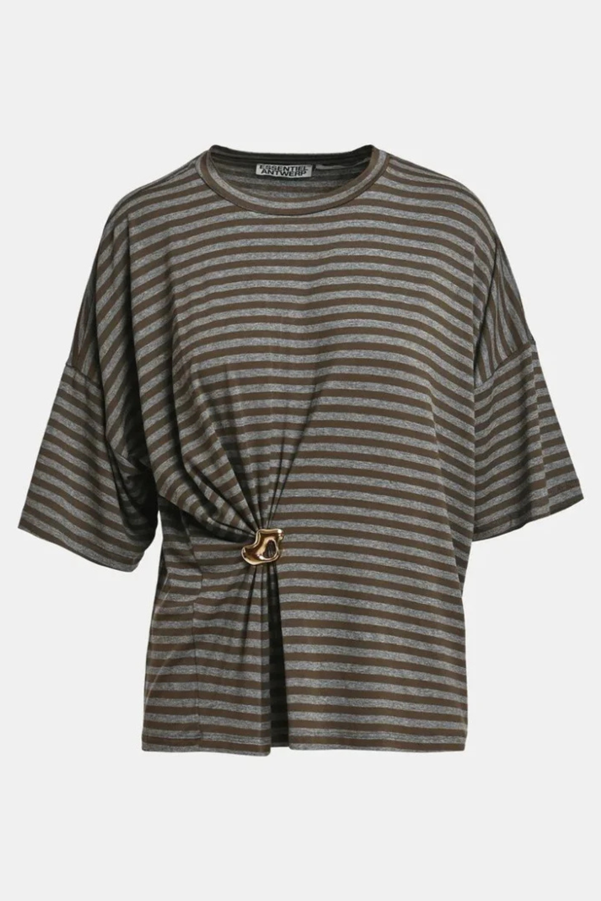 Essentiel Antwerp Kriss Striped T-Shirt With Brooch - Khaki Mission