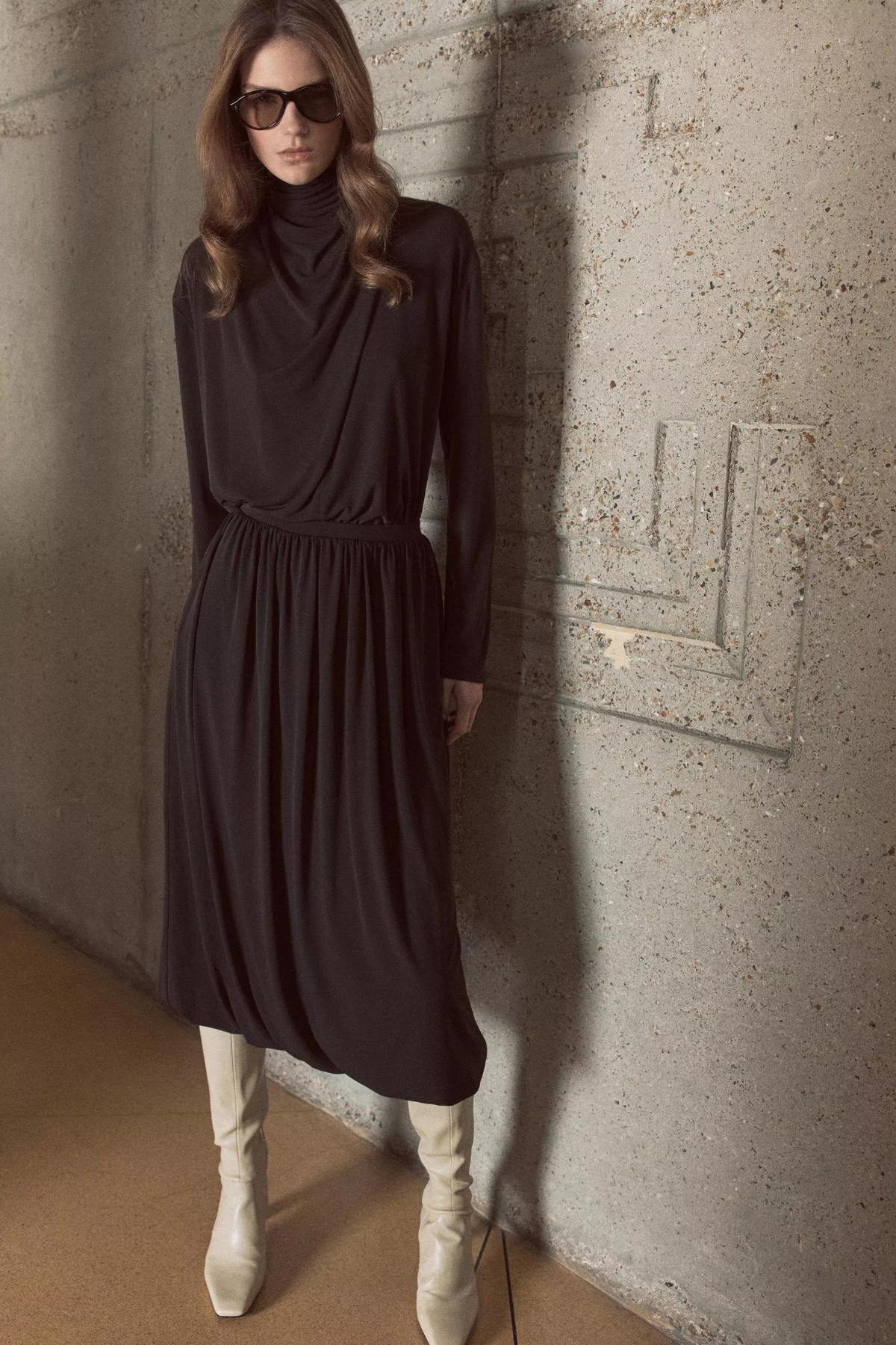 Vince Long Sleeve Draped Cowlneck Blouse - Smoked Truffle