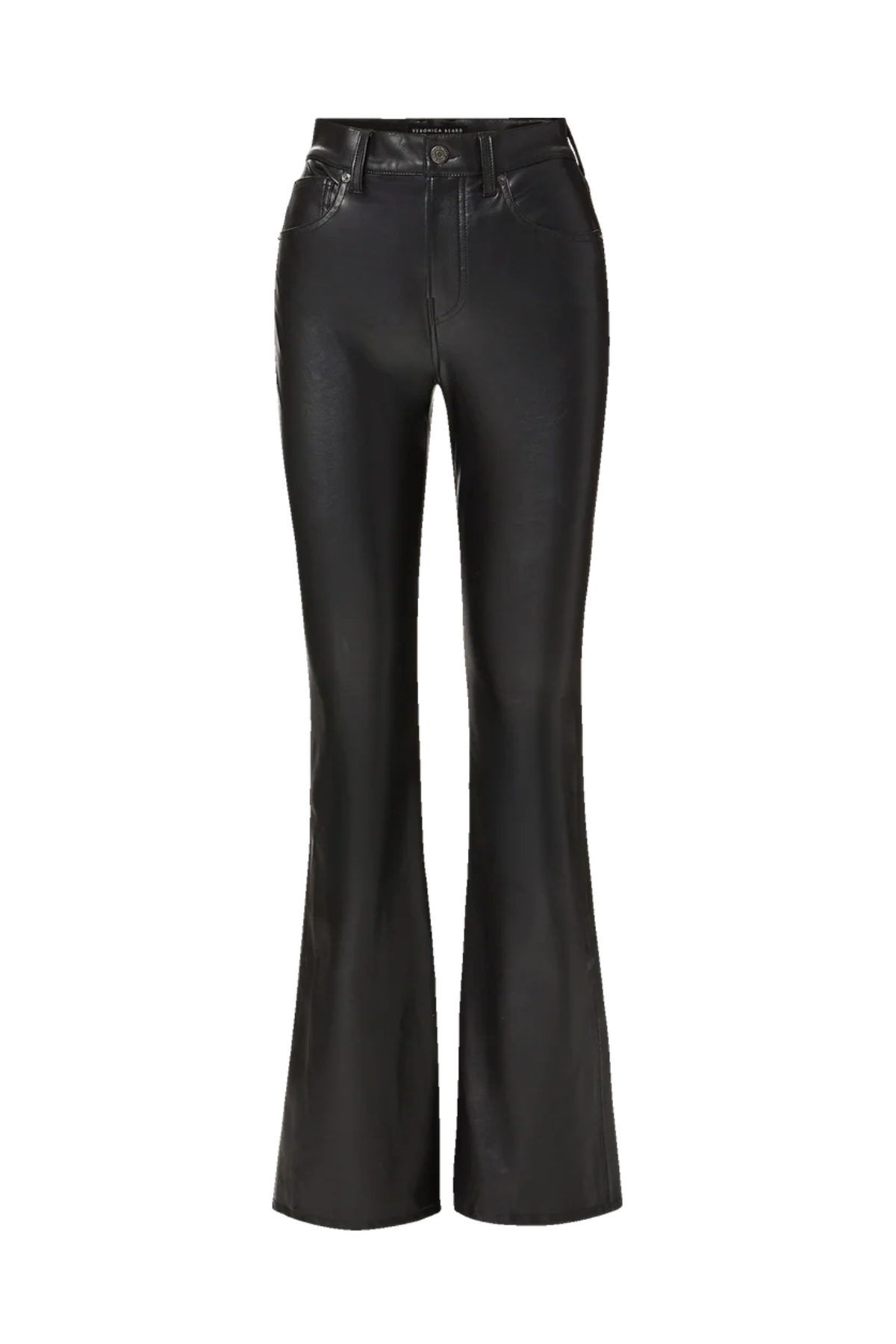 Veronica Beard Beverly High Rise Skinny Flare Pant in black vegan leather, featuring a high-rise waist, front patch pockets and a skinny-flare silhouette.
Black high-waisted flared pants with a faux leather or leather-like finish, shown against a plain white background.
