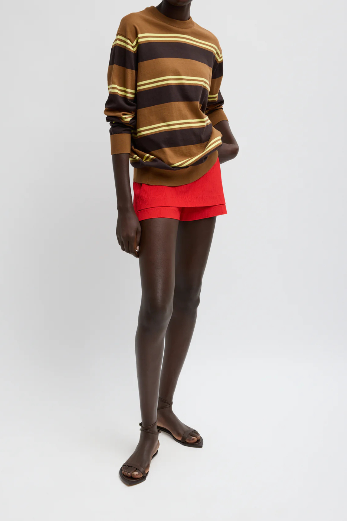 Tibi Super Fine Gauge Striped Perfect Crewneck Pullover - Brown Multi
