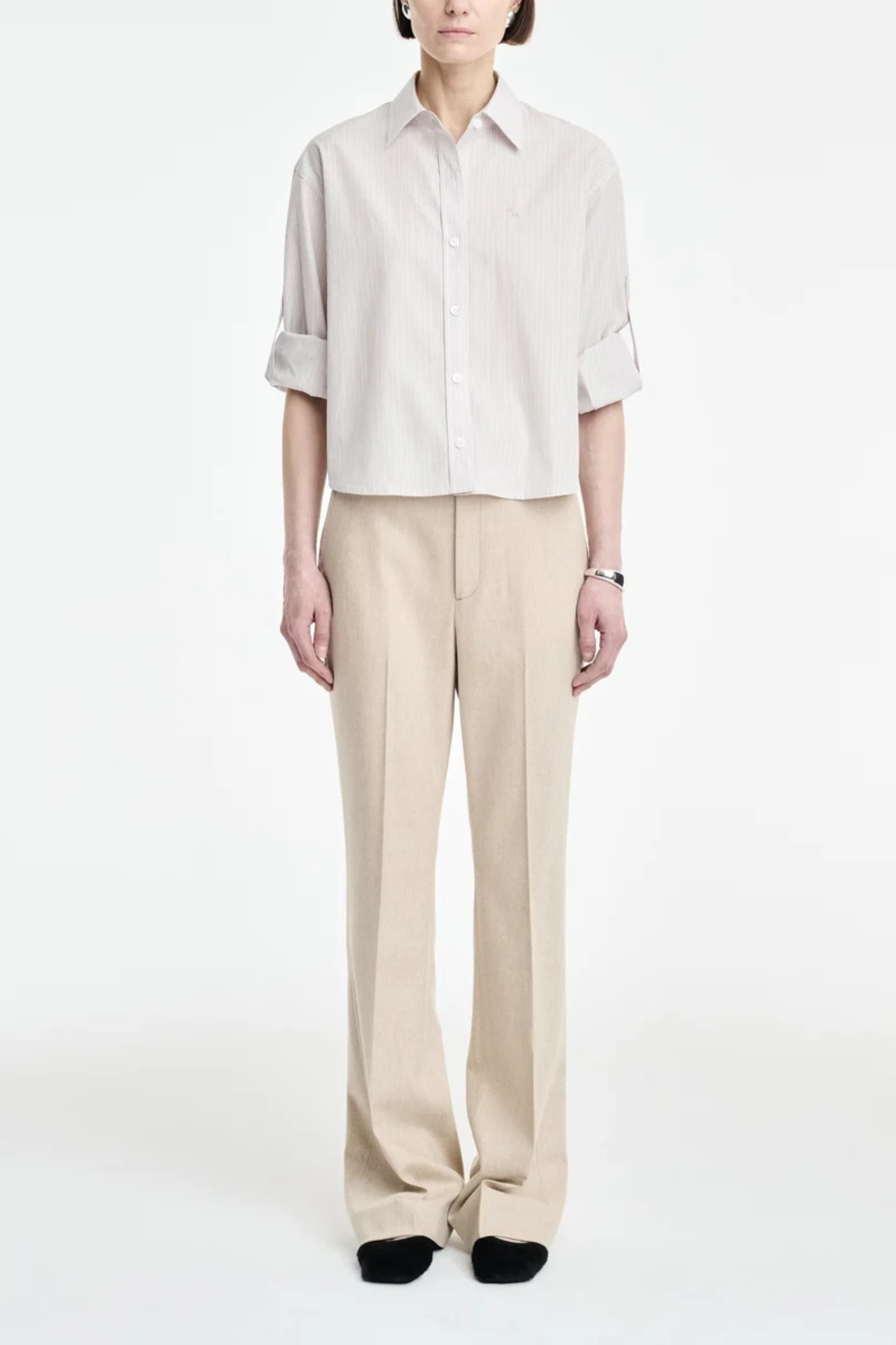 MARIA McMANUS Button Sleeve Crop Shirt - Smoke Stripe