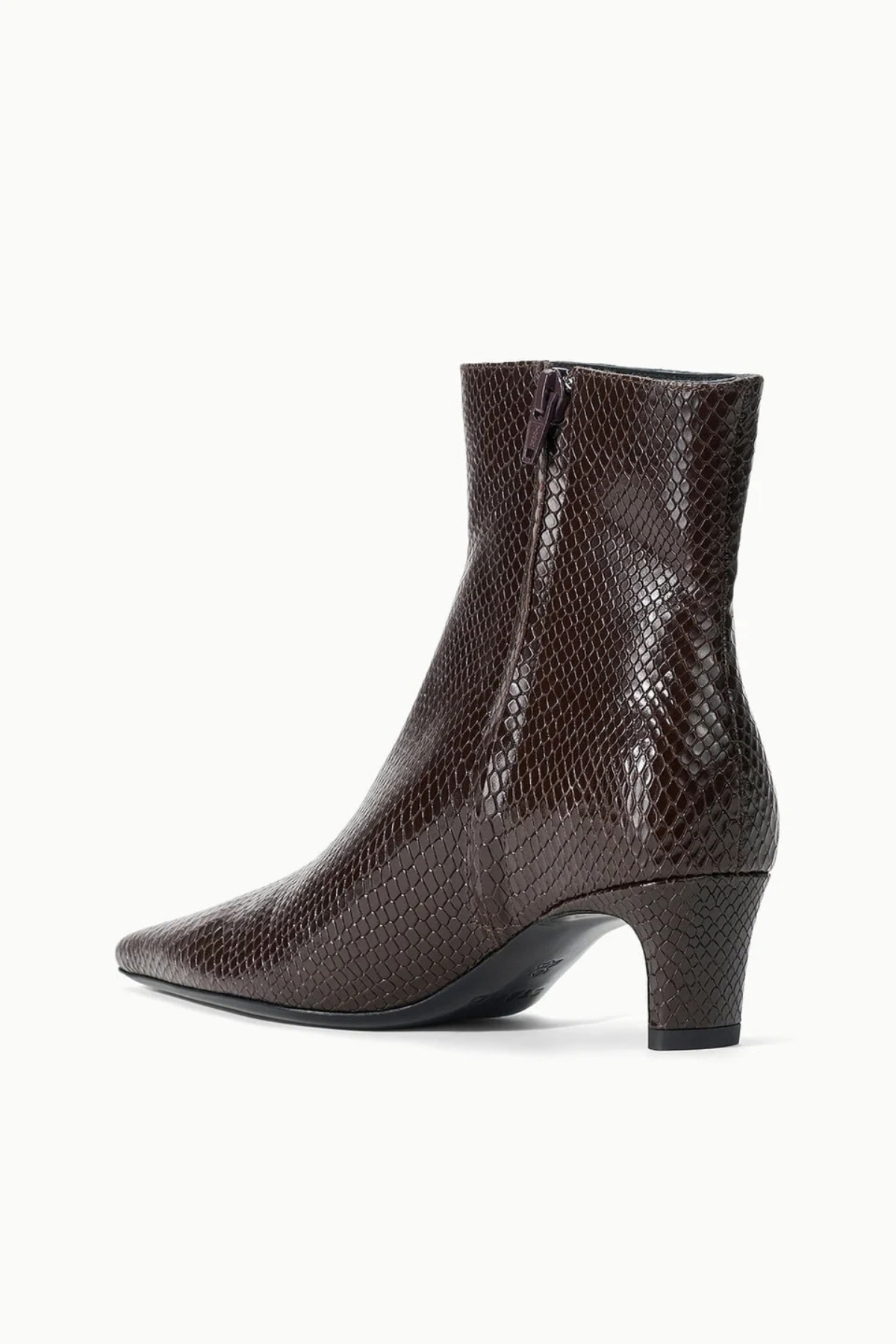 STAUD Wally Ankle Boot in Espresso Snake brown snake-effect pointed-toe boot